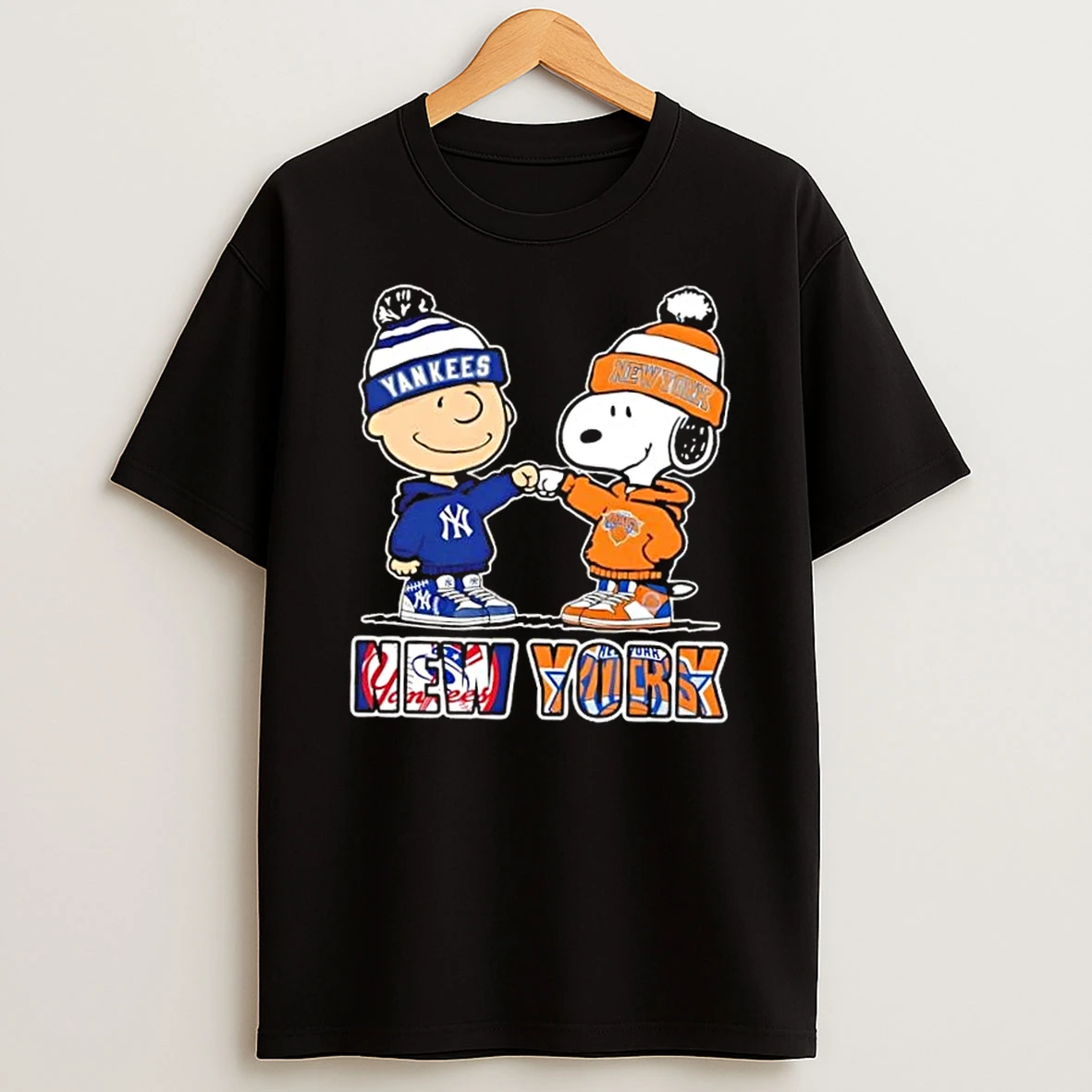 Charlie Brown Fist Bump Snoopy New York City Sports Yankees X Knicks T Shirt