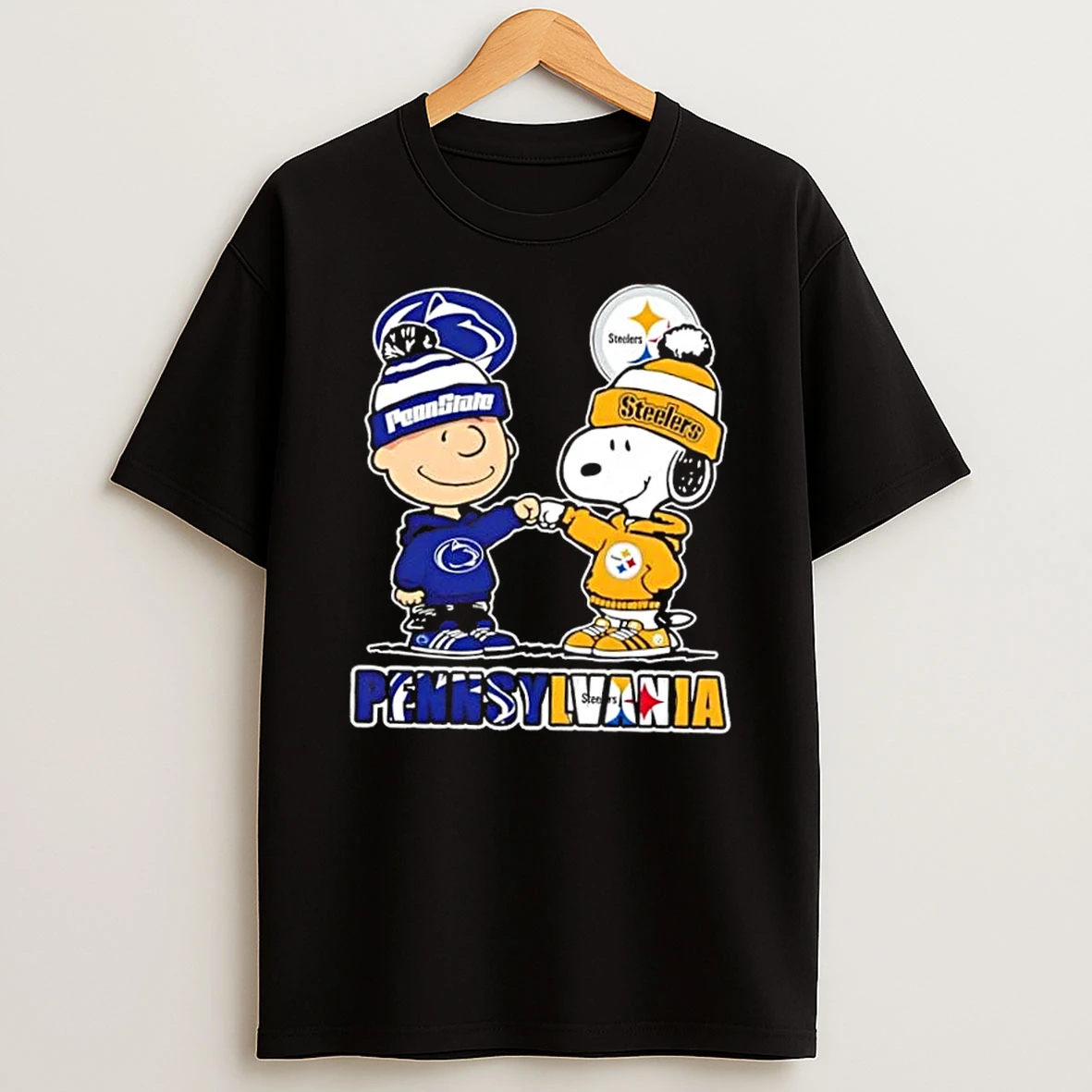 Charlie Brown Fist Bump Snoopy Pennsylvania City Sports Penn State Nittany Lions X Pittsburgh Steelers Skyline T Shirt