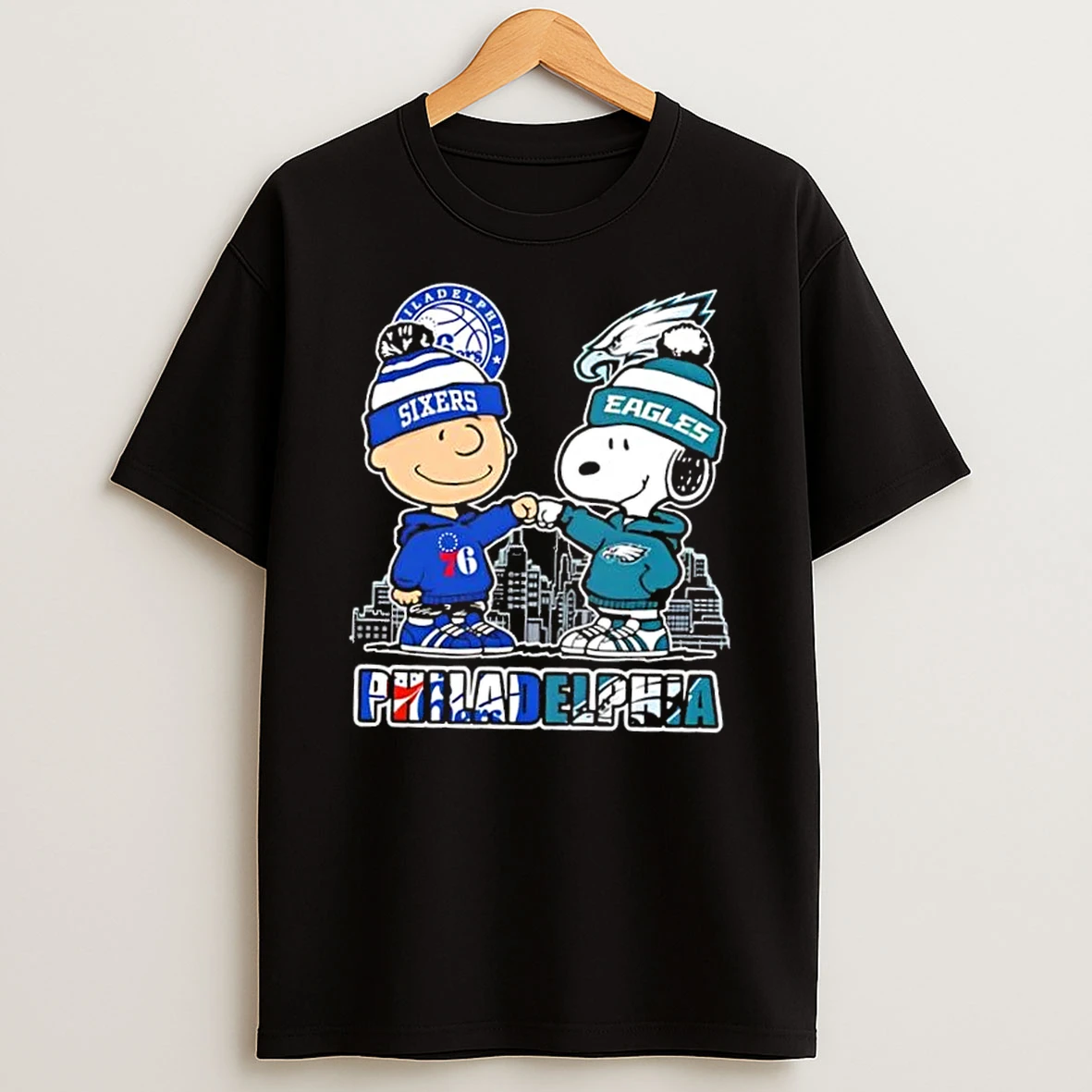 Charlie Brown Fist Bump Snoopy Philadelphia City Sports 76ers X Eagles Skyline T Shirt
