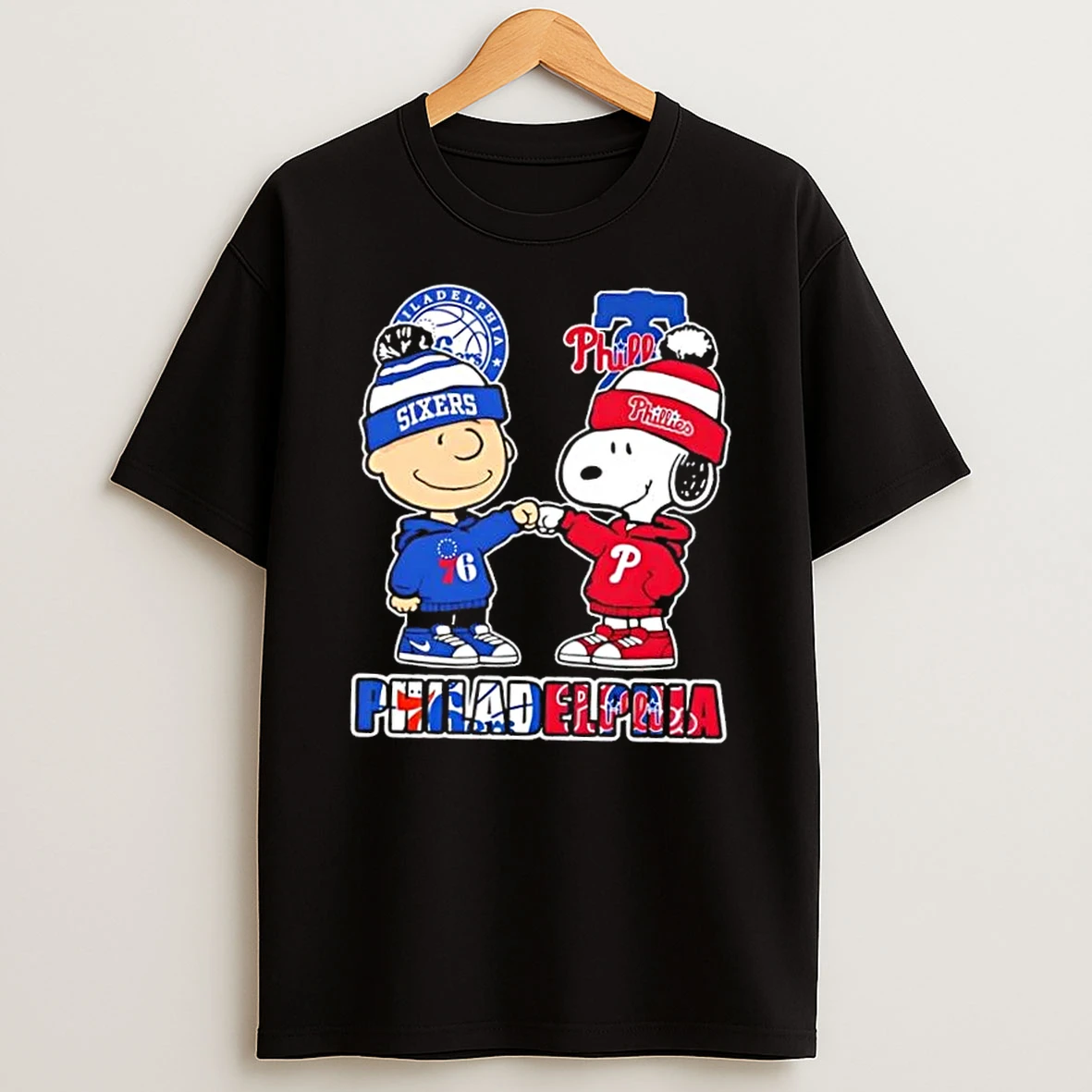 Charlie Brown Fist Bump Snoopy Philadelphia City Sports 76ers X Phillies T Shirt