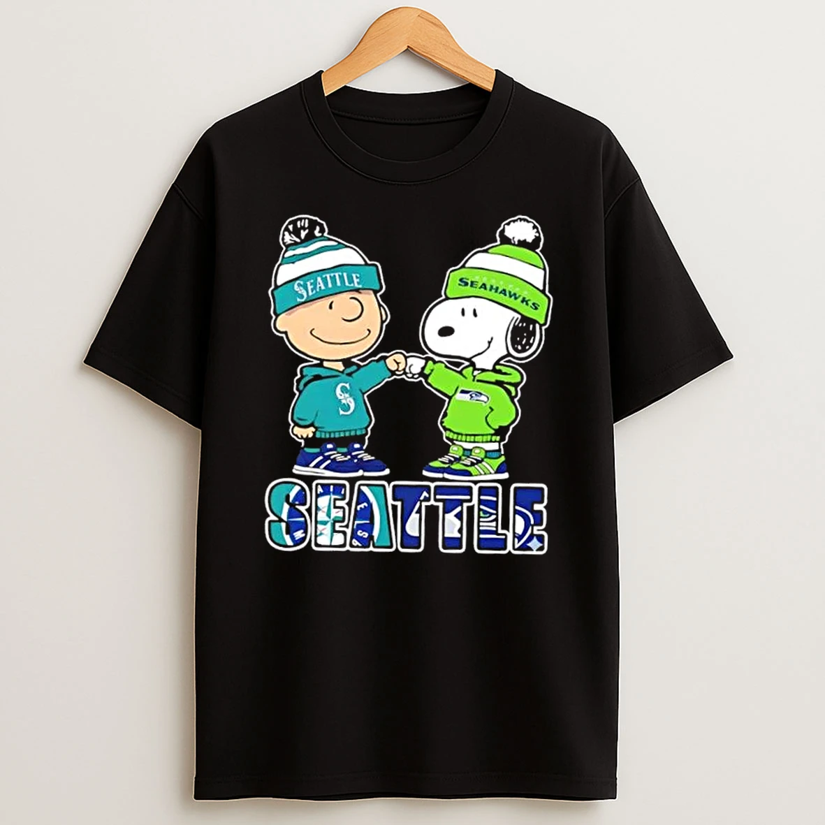 Charlie Brown Fist Bump Snoopy Seattle City Sports Mariners X Seahawks T Shirt
