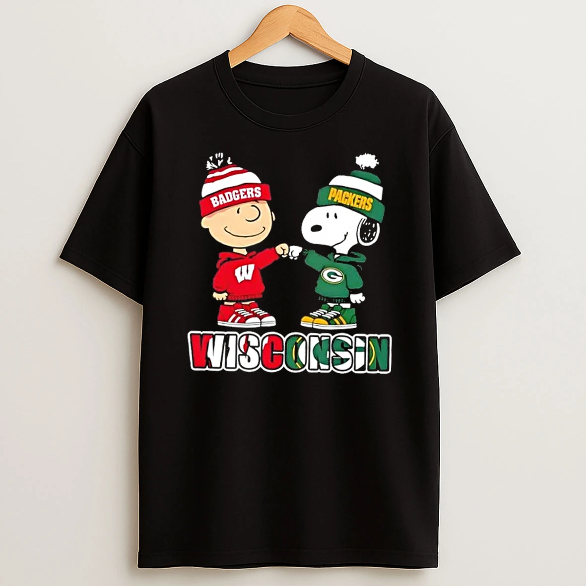 Charlie Brown Fist Bump Snoopy Wisconsin City Sports Badgers X Green Bay Packers T Shirt