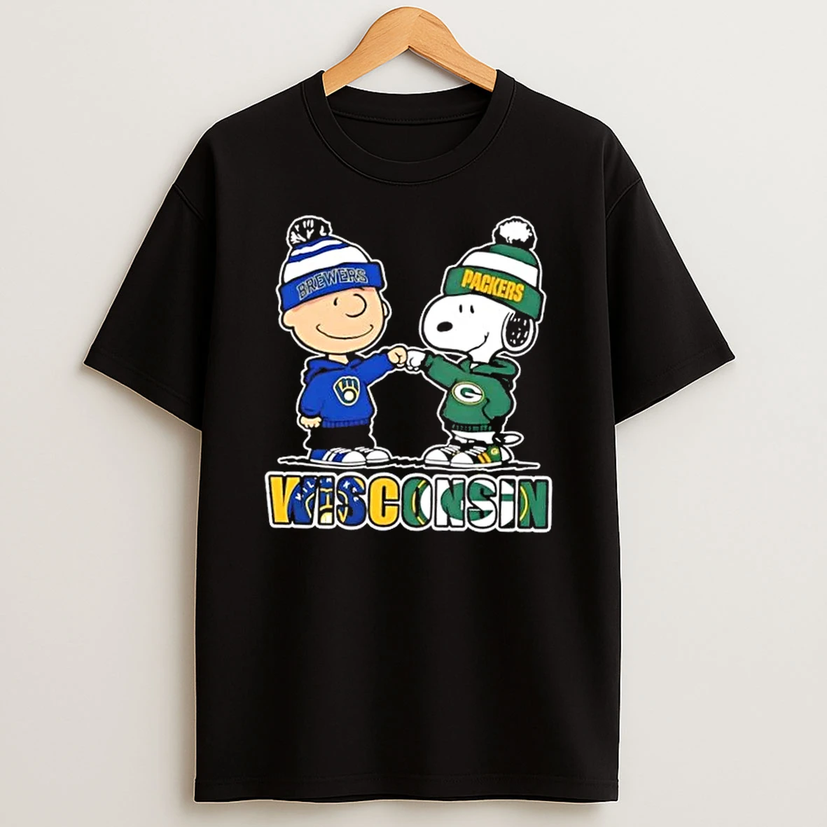 Charlie Brown Fist Bump Snoopy Wisconsin City Sports Milwaukee Brewers X Green Bay Packers T Shirt