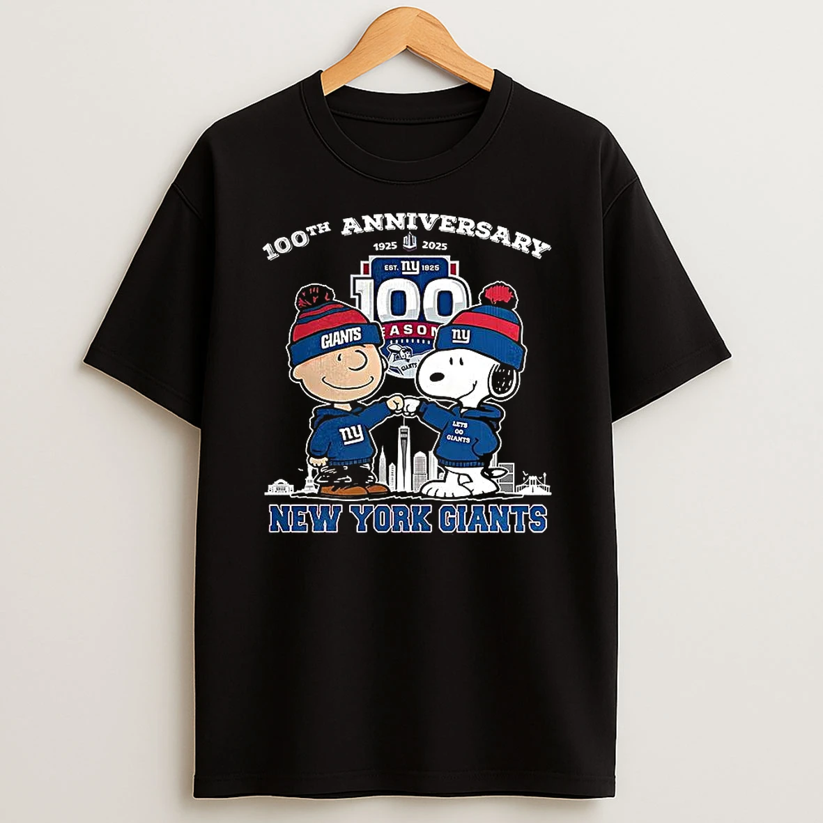 Charlie Brown Touch Hands Snoopy New York Giants 100th Anniversersary 1925 2025 T Shirt