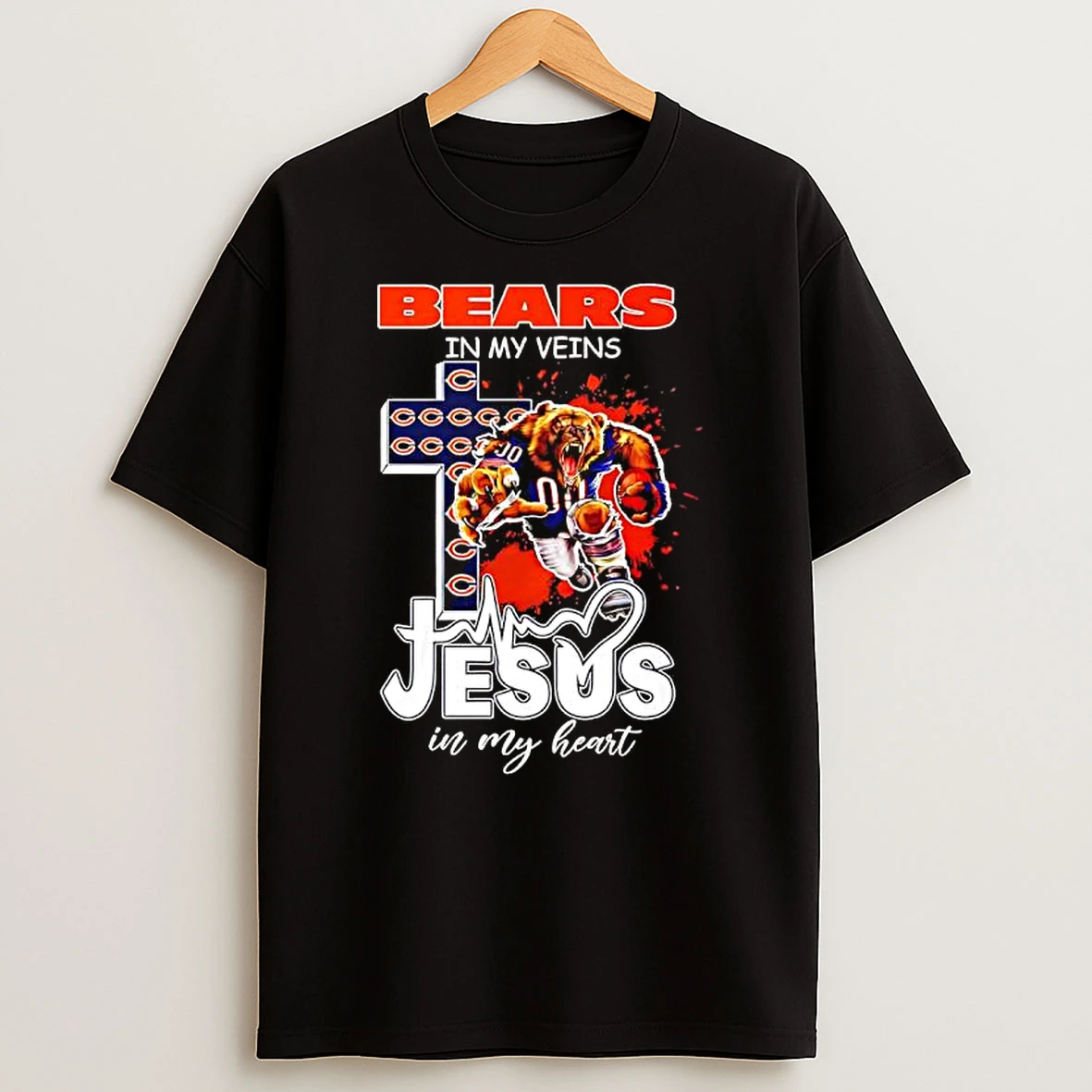 Chicago Bears In My Veins Jesus In My Heart Features A Football Player Logos Cross T Shirt