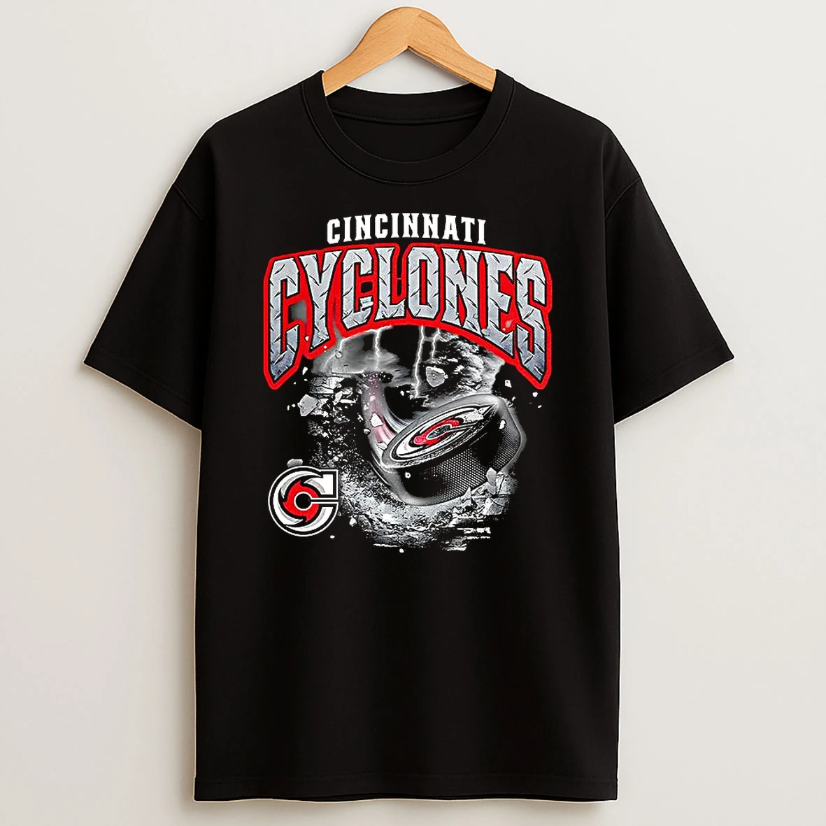 Cincinnati Cyclones Ice Hockey Storm Warning Ball Logo T Shirt