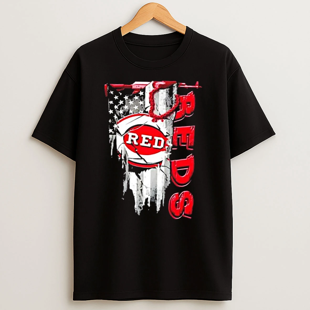 Cincinnati Reds Baseball Battle Shattered Usa Flag Rip Design T Shirt