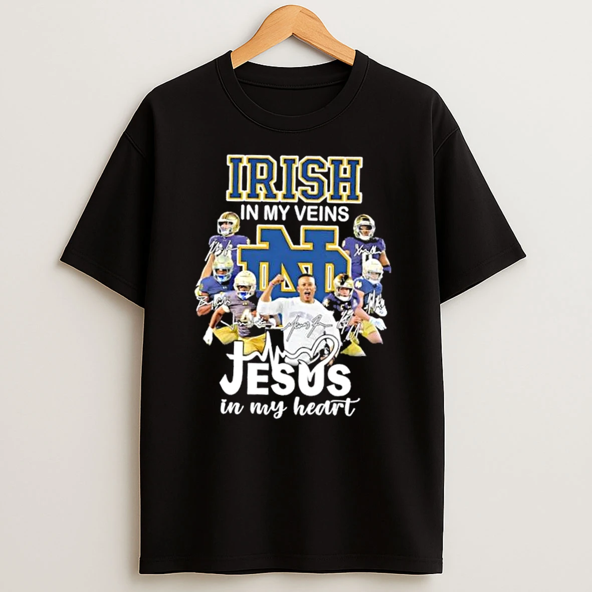 Coach Marcus Freeman And Players Notre Dame Fighting Irish In My Veins Jesus In My Heart T Shirt