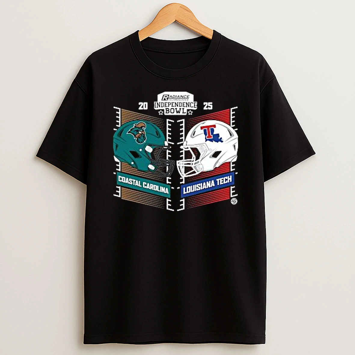 Coastal Carolina Chanticleers Vs Louisiana Tech Bulldogs 2025 Radiance Technologies Independence Bowl Head To Head Helmet Logo T Shirt