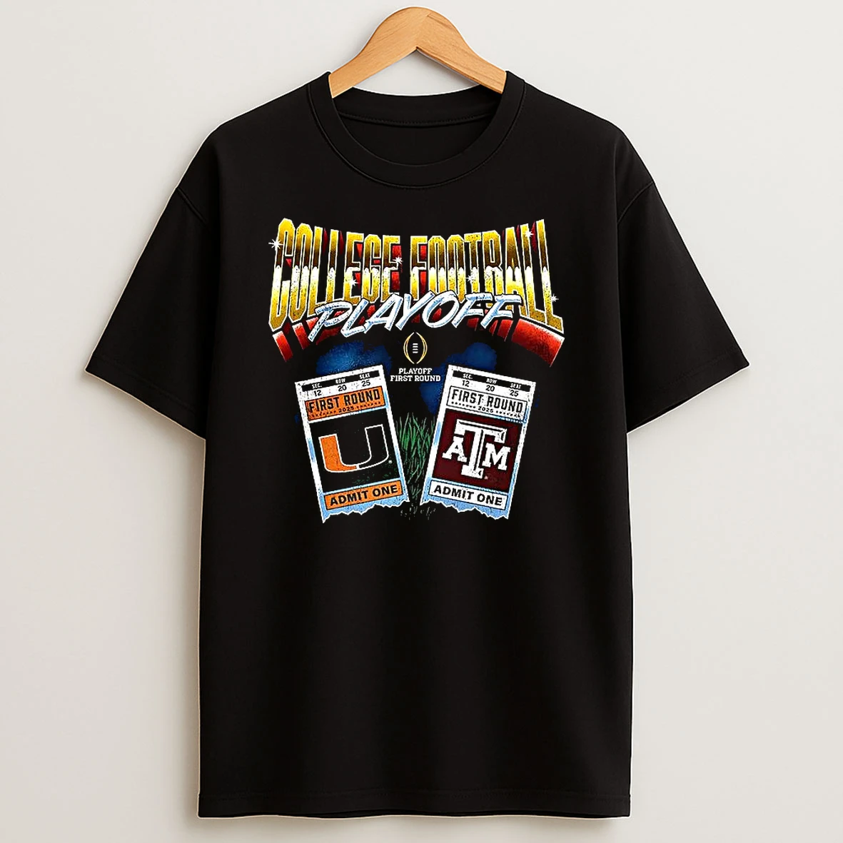 College Football Playoff First Round Texas Am Aggies Vs Miami Hurricanes Ncaa Matchup Ticket T Shirt