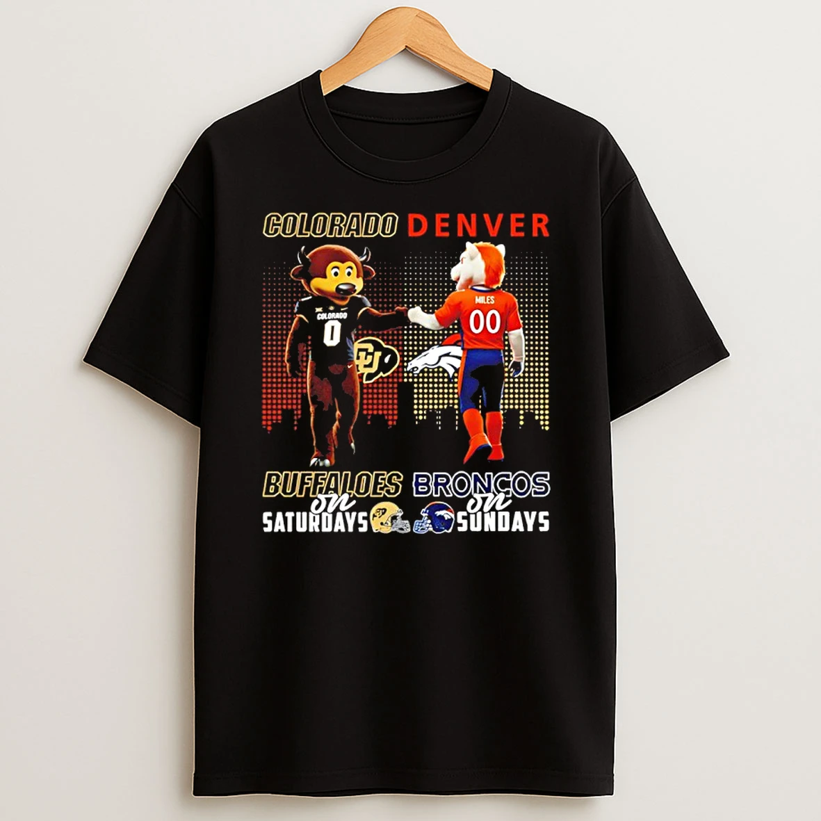 Colorado Buffaloes On Saturdays Vs Denver Broncos On Sundays Mascot Skyline T Shirt