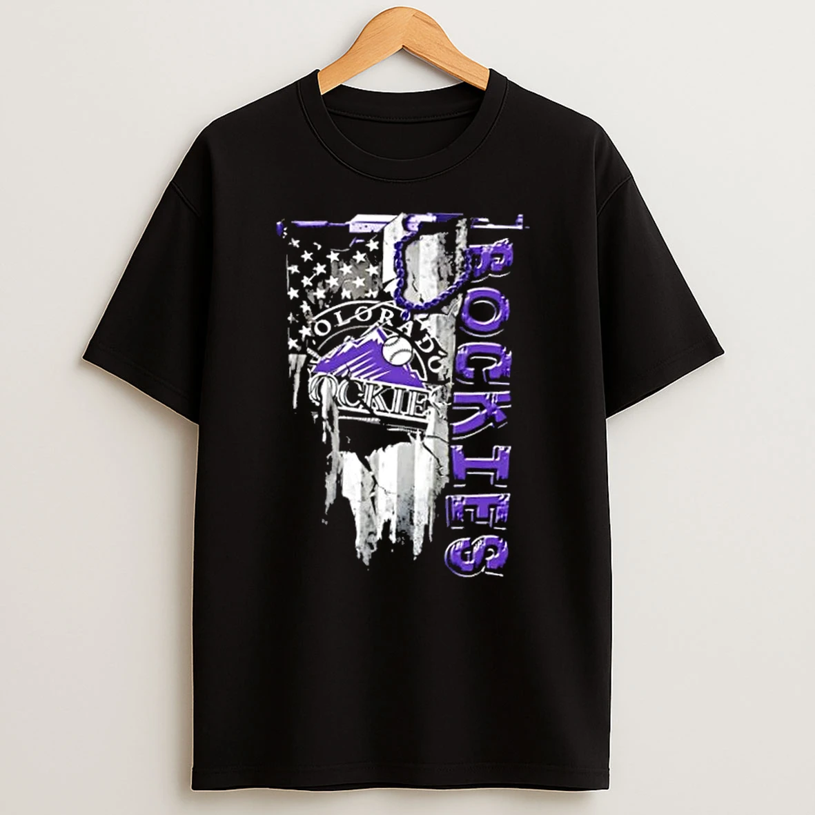 Colorado Rockies Baseball Battle Shattered Usa Flag Rip Design T Shirt