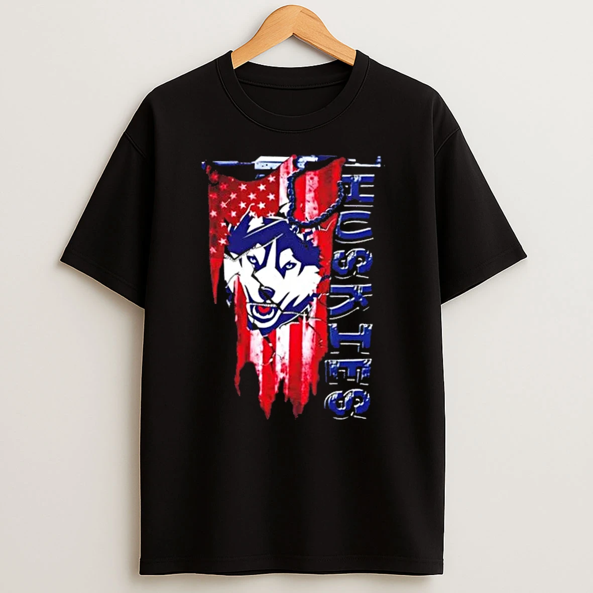 Connecticut Huskies Football Battle Shattered Usa Flag Rip Design T Shirt