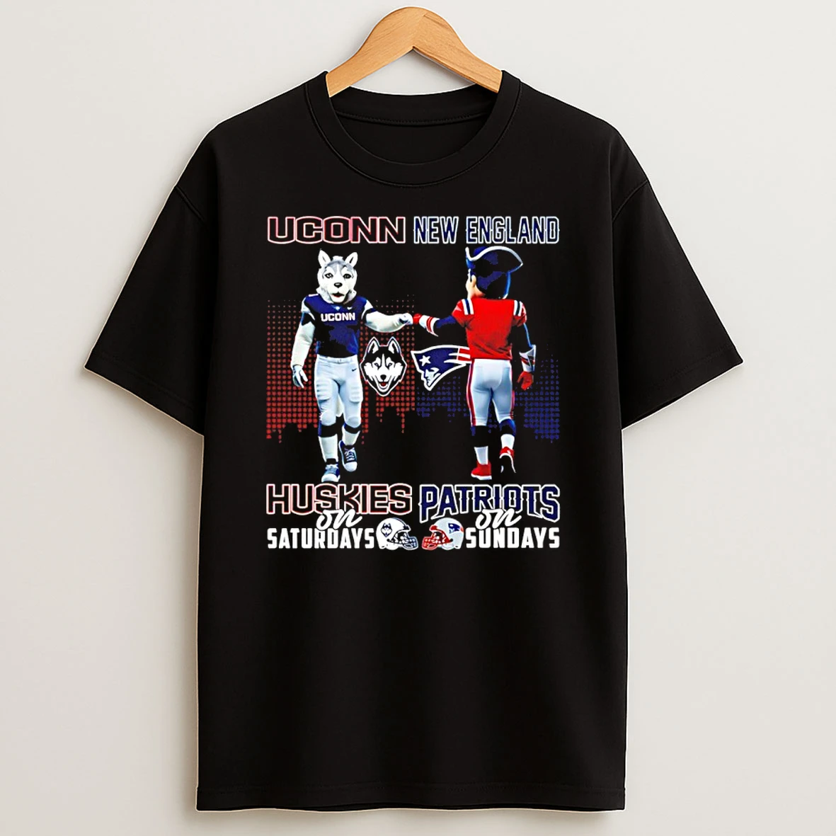 Connecticut Huskies On Saturdays Vs New England Patriots On Sundays Mascot Skyline T Shirt