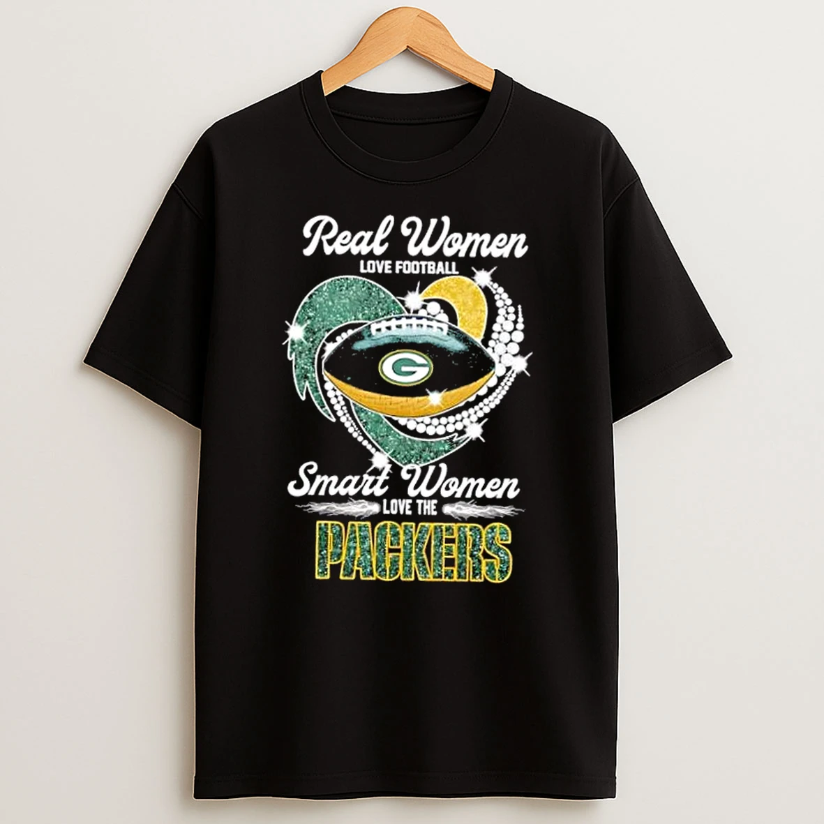 Crystal Heart Real Women Love Football Smart Women Love The Green Bay Packers Lightning T Shirt