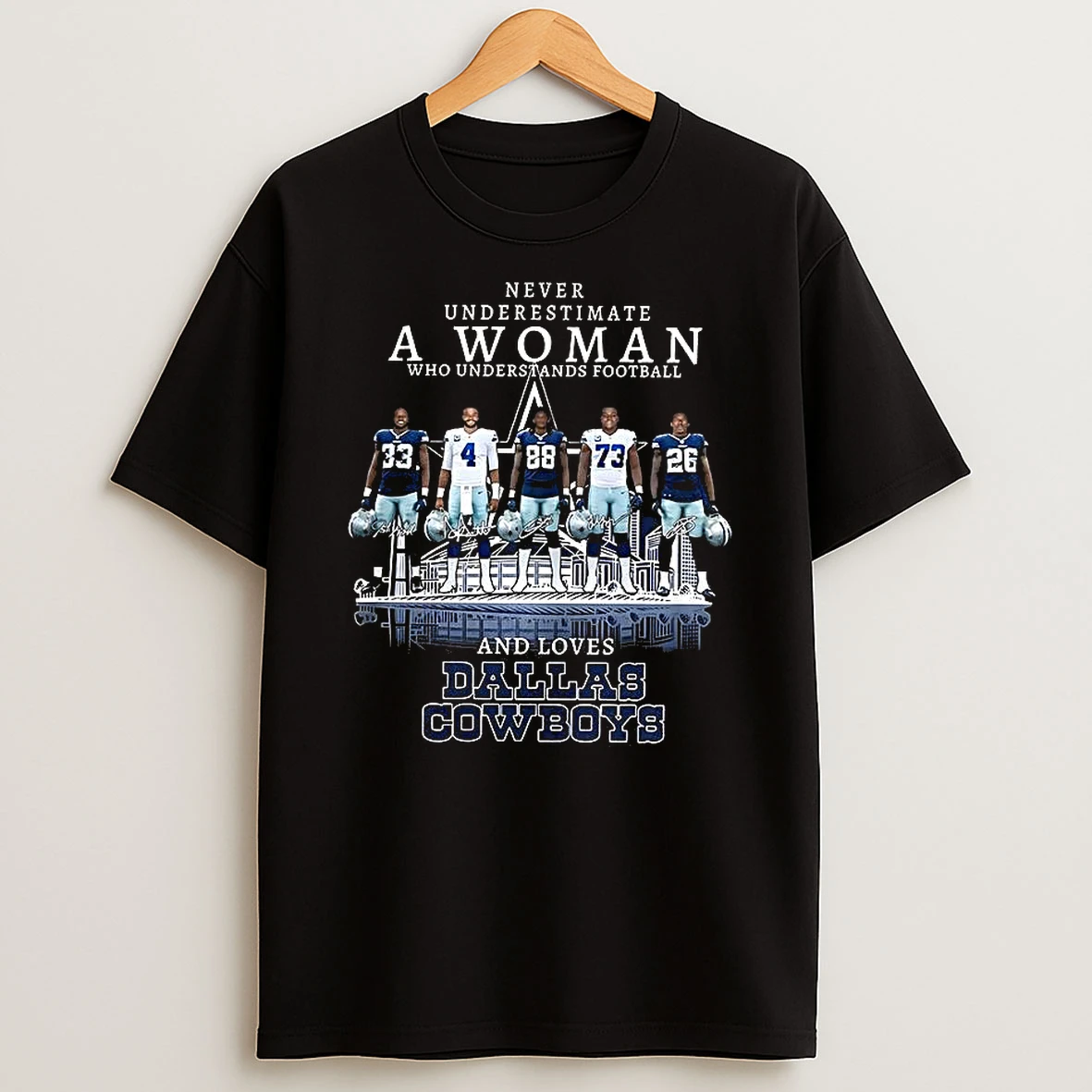 Dallas Cowboys Never Underestimate A Woman Who Loves Cowboys Player Signature Skyline T Shirt