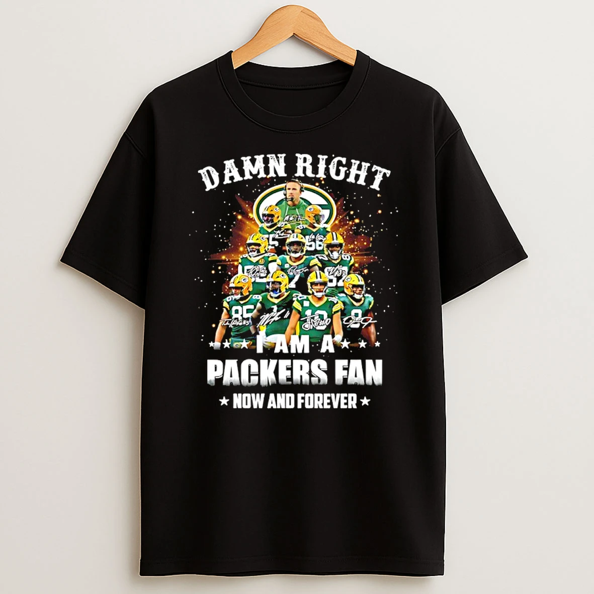 Damn Right I Am A Packers Fan Now And Forever Player Collage Christmas Tree Signatures T Shirt