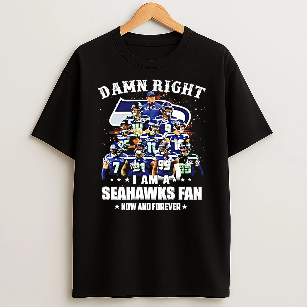 Damn Right I Am A Seahawks Fan Now And Forever Player Collage Christmas Tree Signatures T Shirt