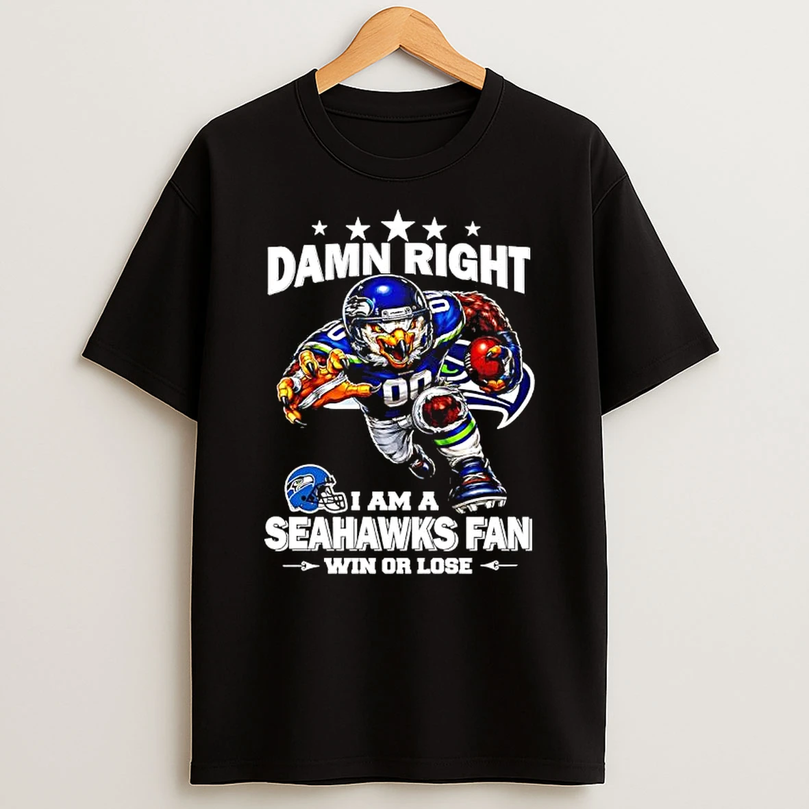 Damn Right I Am A Seattle Seahawks Fan Win Or Lose Mascot Graphic T Shirt