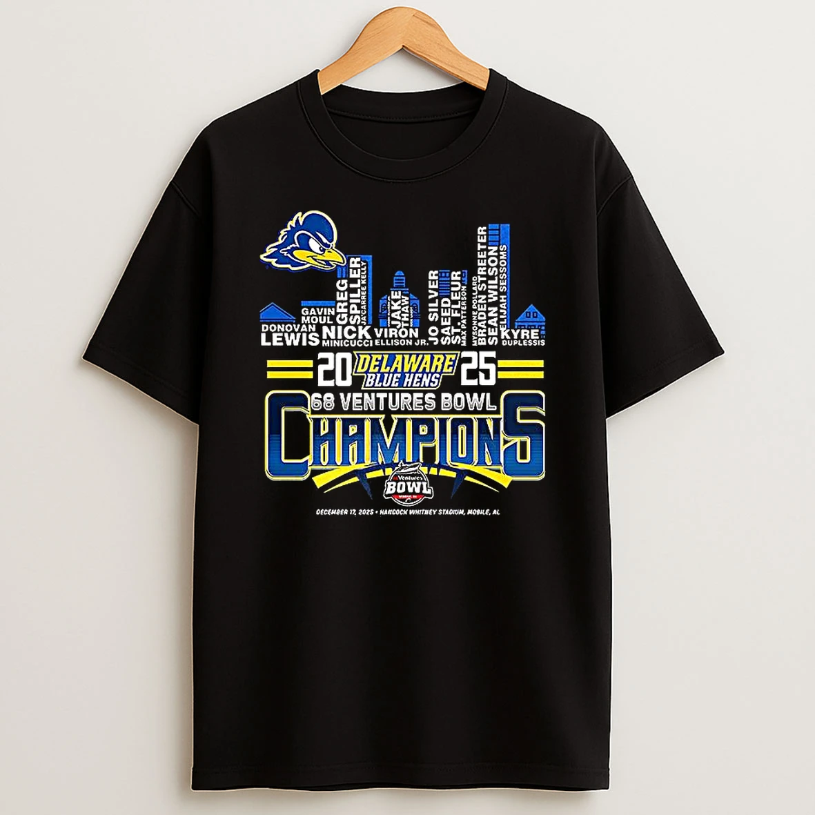 Delaware Blue Hens 2025 68 Ventures Bowl Champions City Skyline T Shirt