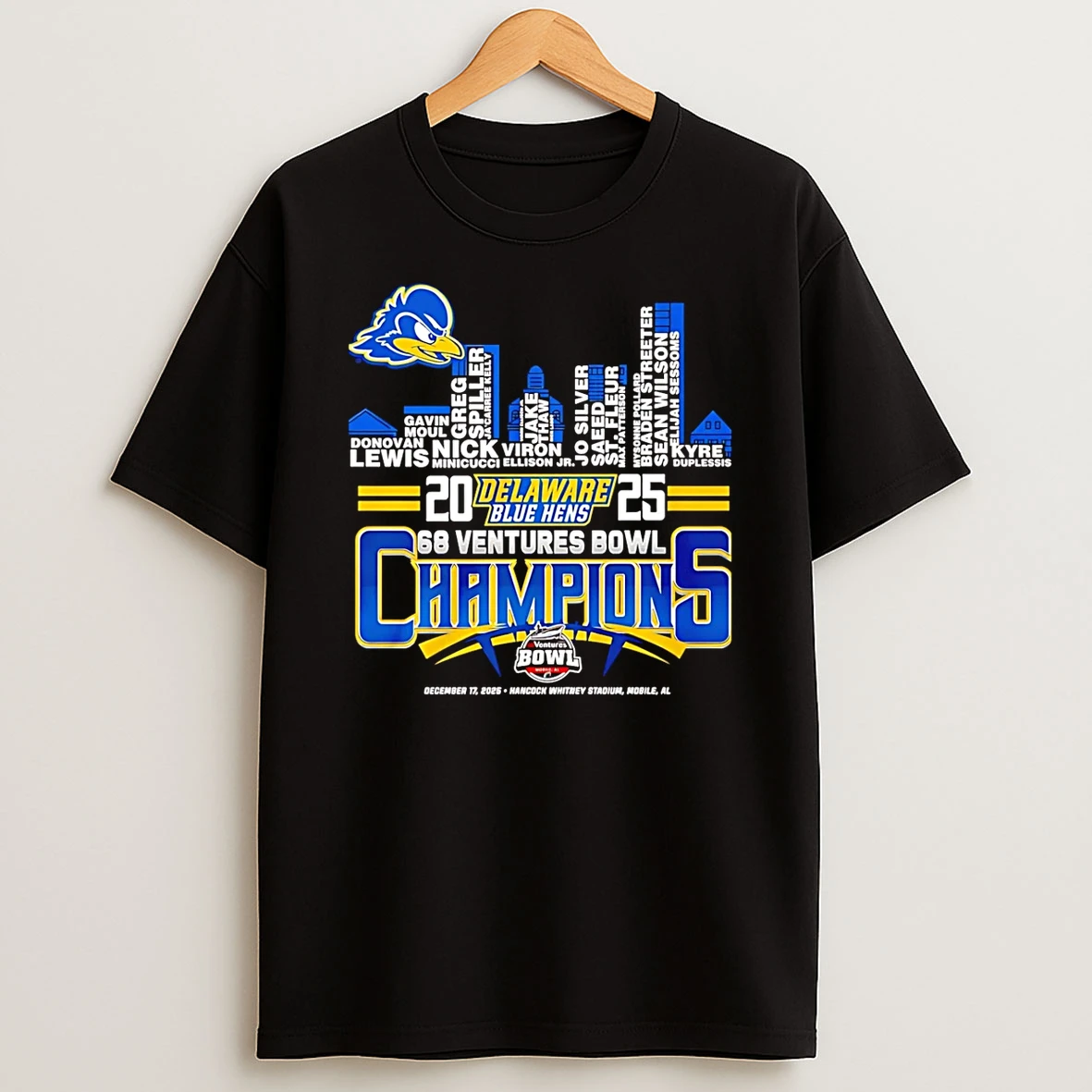 Delaware Blue Hens 2025 68 Ventures Bowl Champions Player Name Skyline T Shirt