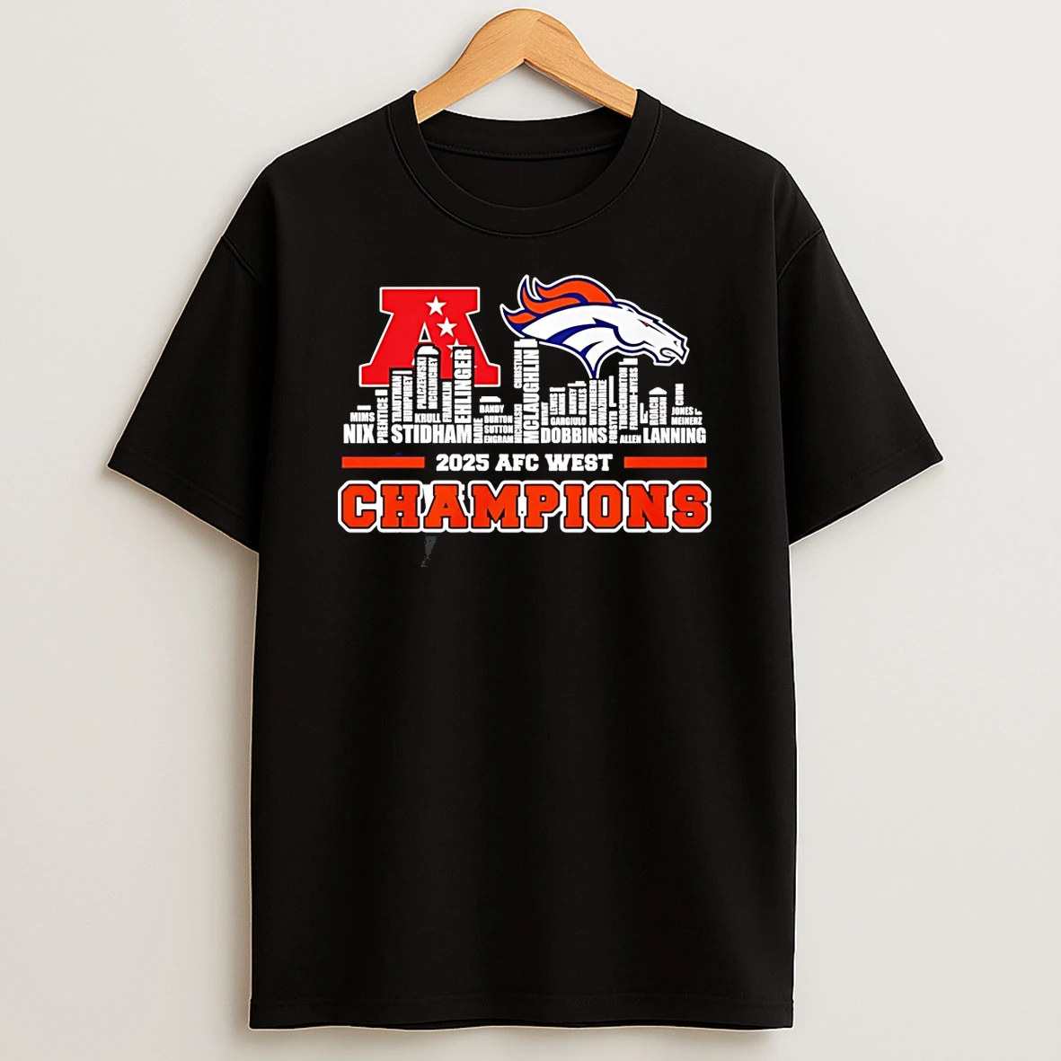 Denver Broncos 2025 Afc West Champions Player Names City Skyline T Shirt