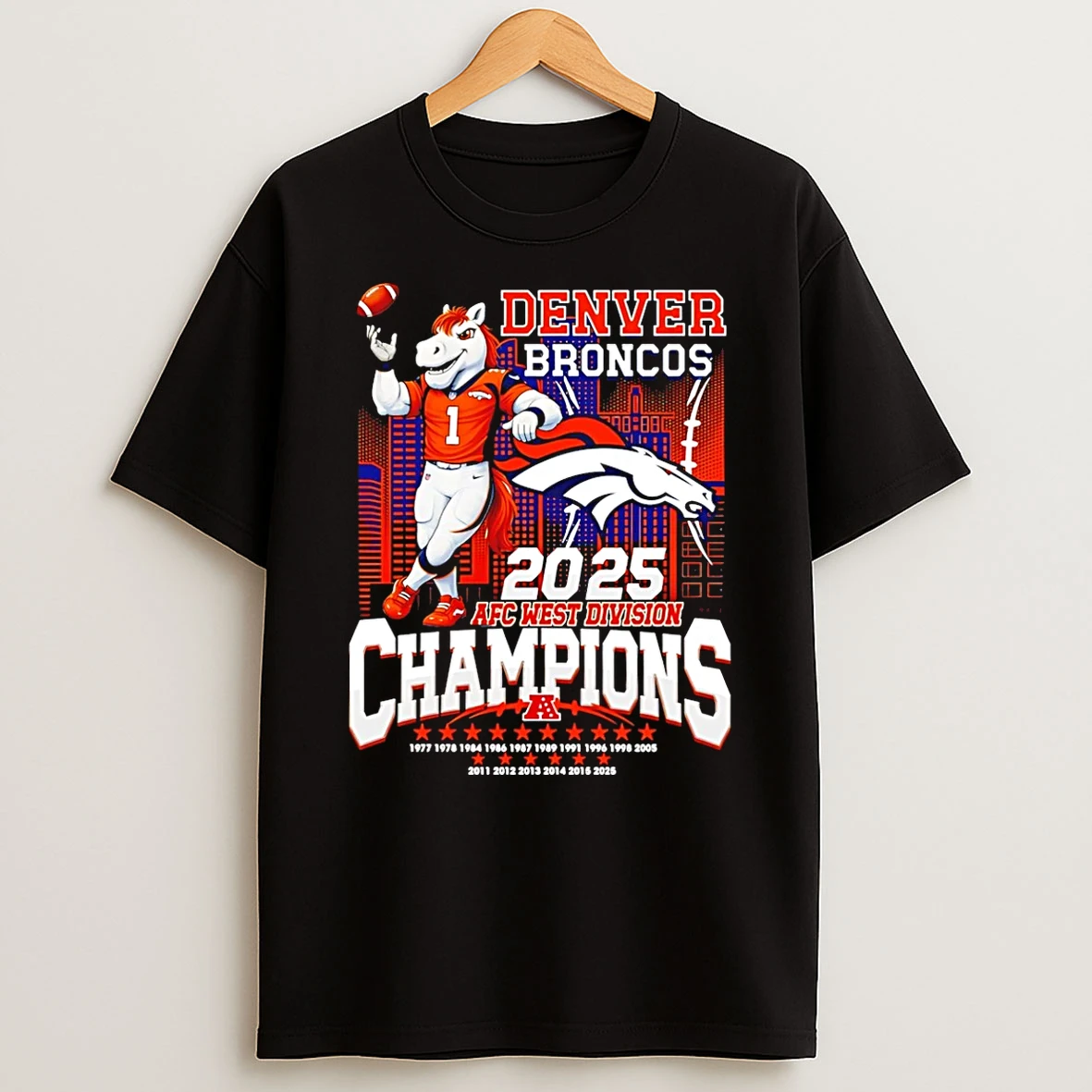 Denver Broncos 2025 Afc West Division Champions Mascot City Skyline T Shirt