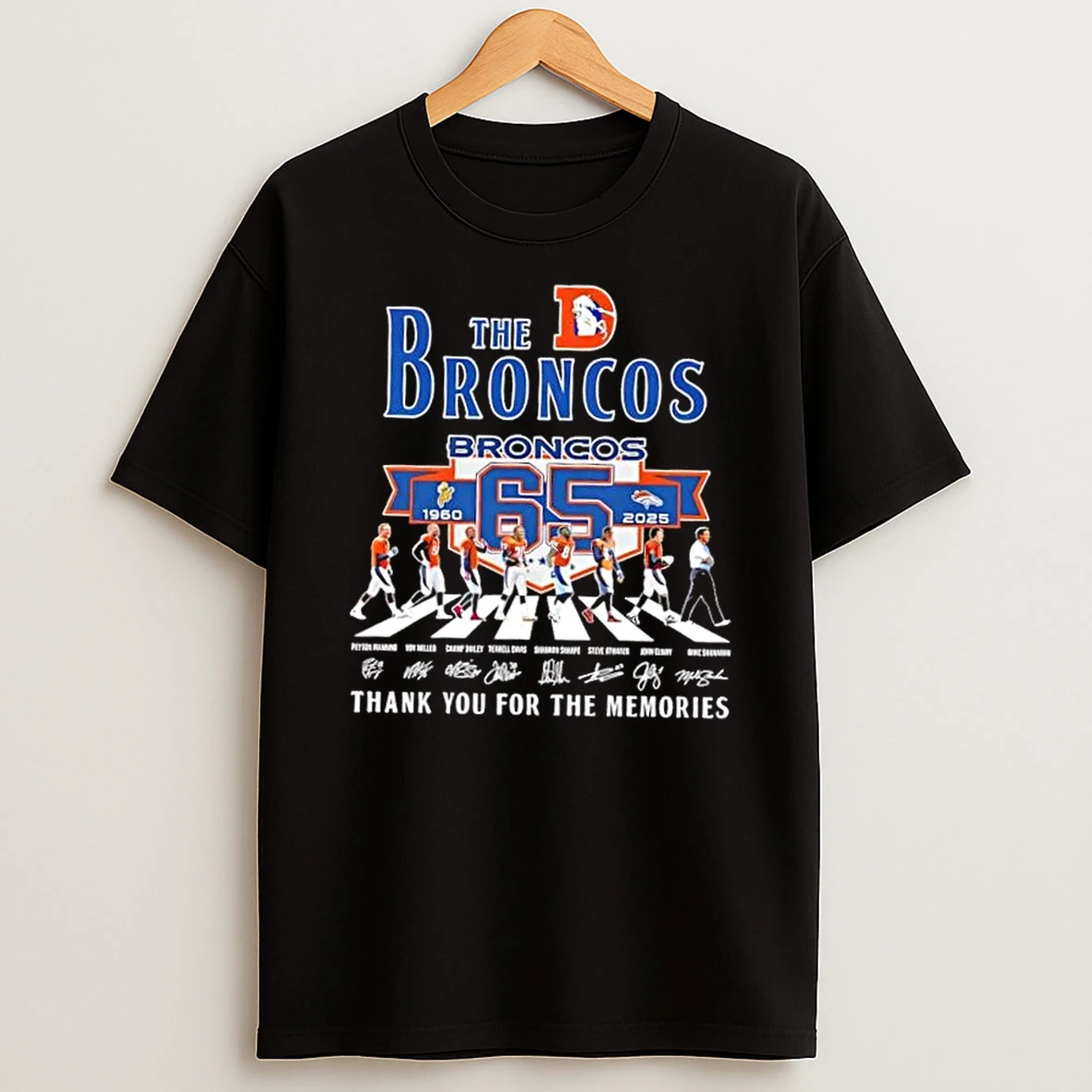 Denver Broncos 65 Seasons 1960 2025 Mike Shanahan And Legends Abbey Road Signatures T Shirt