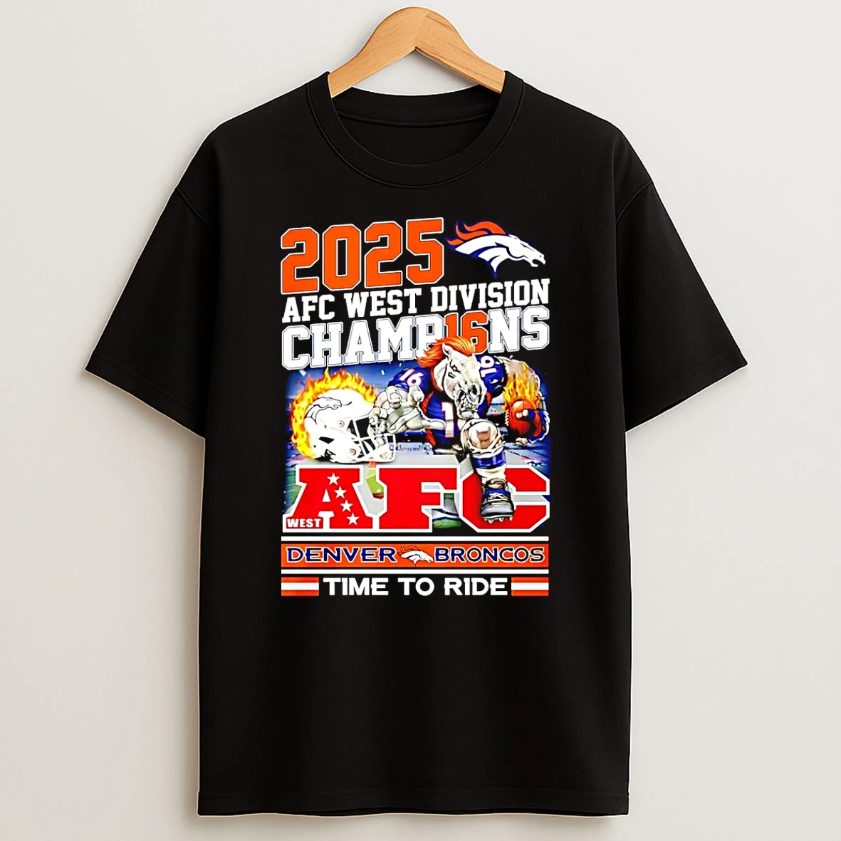 Denver Broncos Nfl Afc West Division Champions 2025 Time To Ride Mascot T Shirt