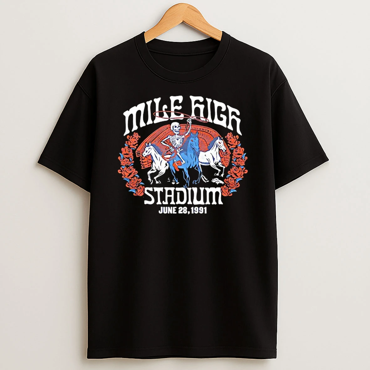 Denver Broncos X Grateful Dead Skeleton Riding Horse Mile High Stadium Jun 28 1991 T Shirt