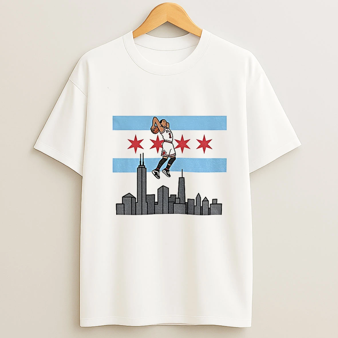 Derrick Rose Chicago Bulls Basketball City Skyline Cartoon T Shirt