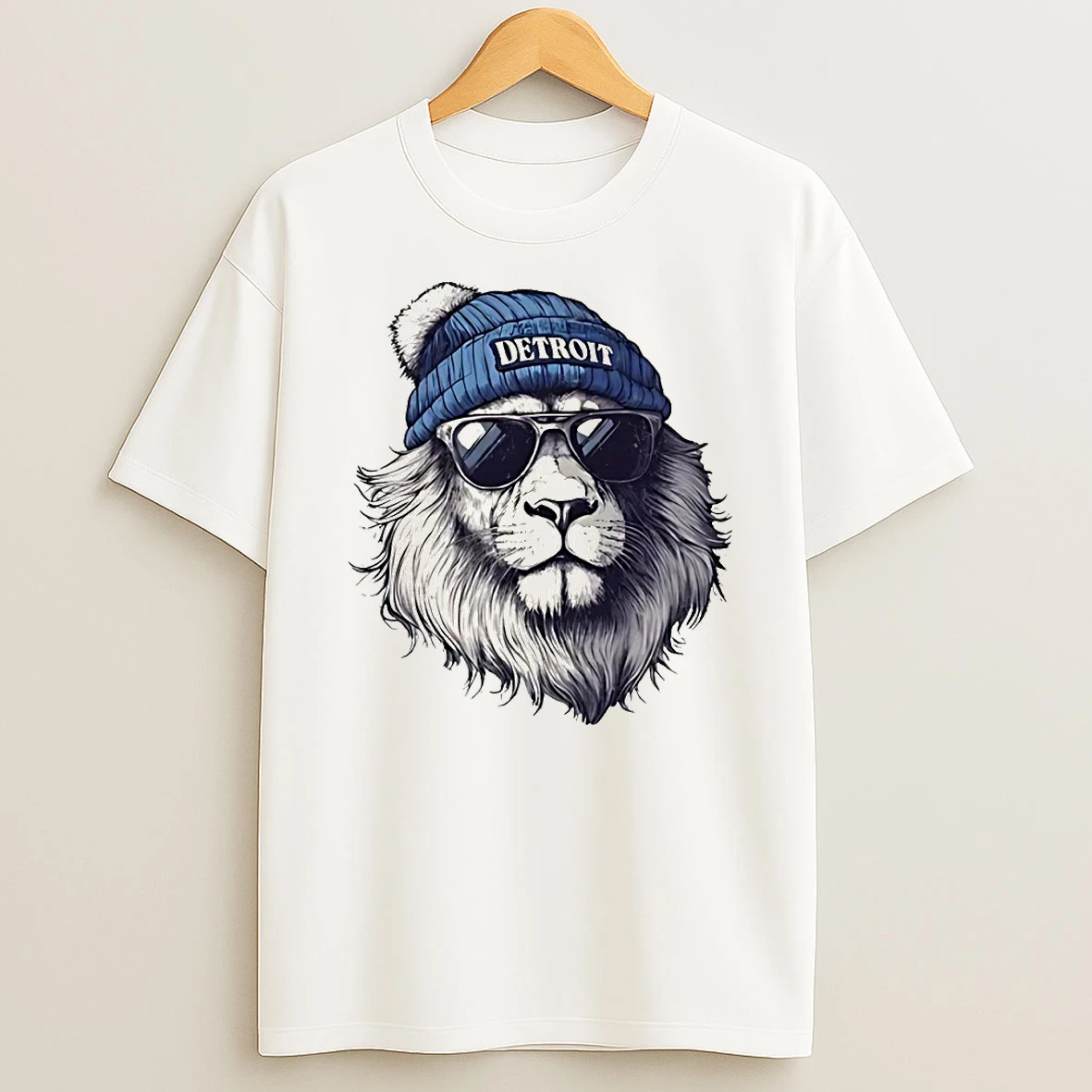 Detroit Lions Mascot Wearing A Beanie And Sunglasses Circle T Shirt