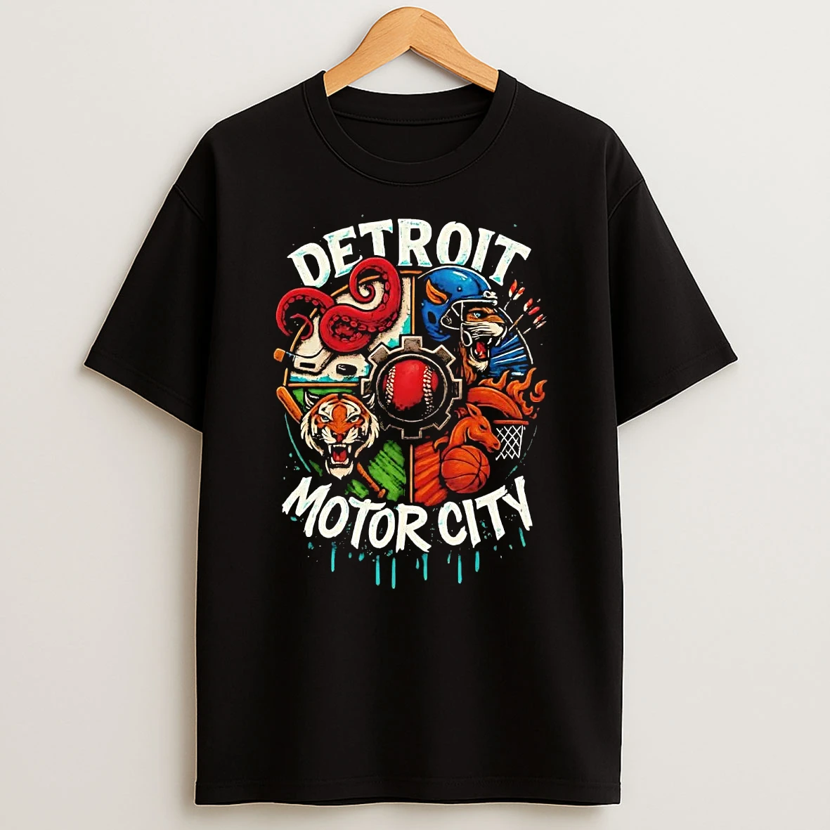 Detroit Motor City Sports Teams Tigers Lions Red Wings Pistons T Shirt