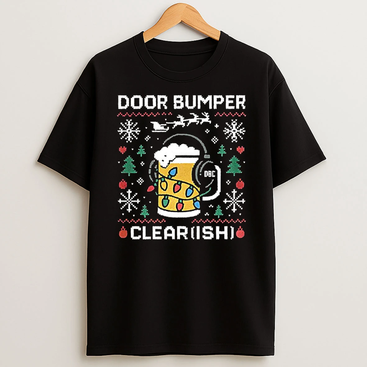 Door Bumper Clear Ish Beer With Headphones And Christmas Lights T Shirt