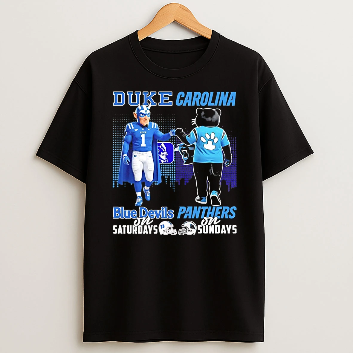 Duke Blue Devils On Saturday And Carolina Panthers On Sundays Skyline Mascot T Shirt
