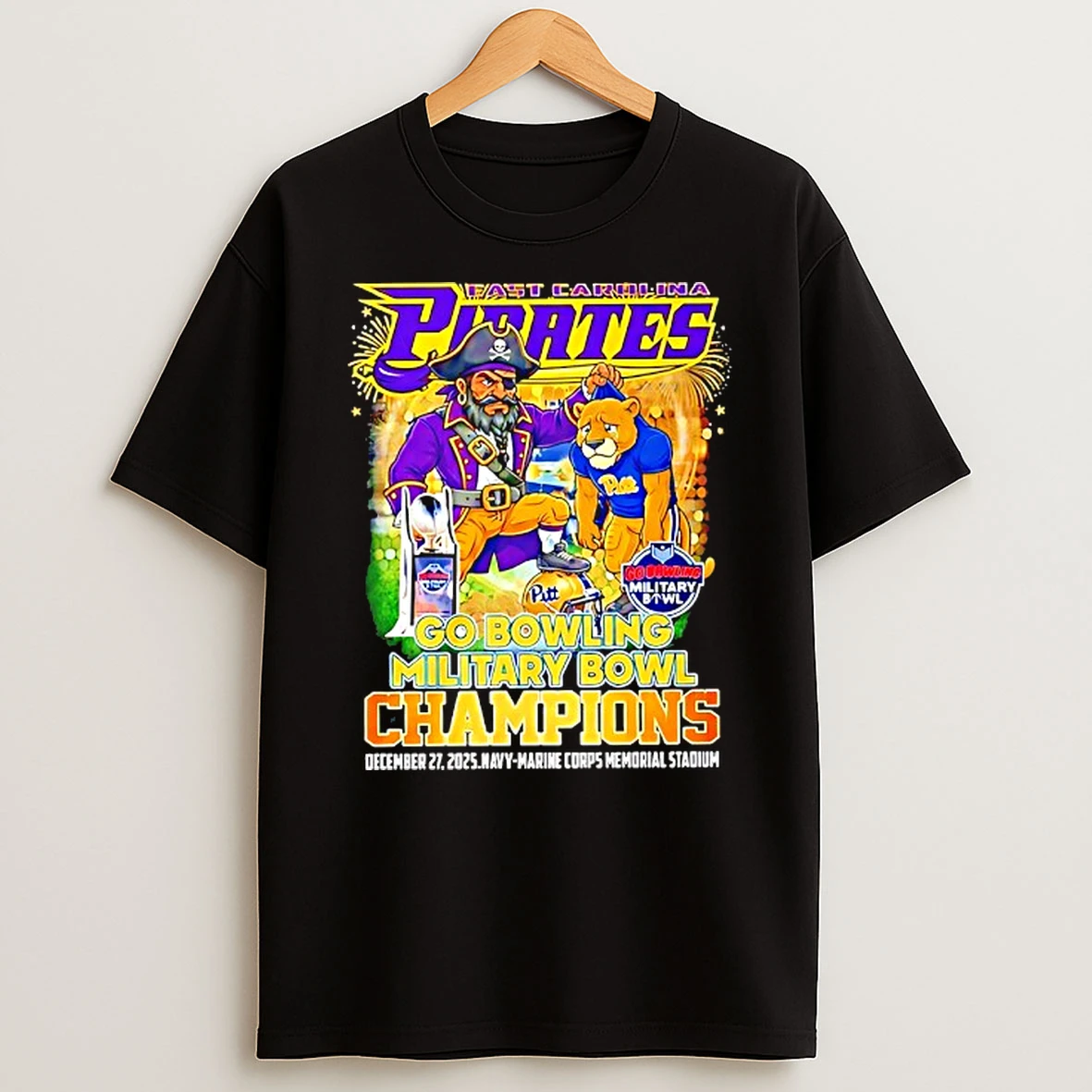 East Carolina Pirates 2025 Go Bowling Military Bowl Champions Mascot T Shirt