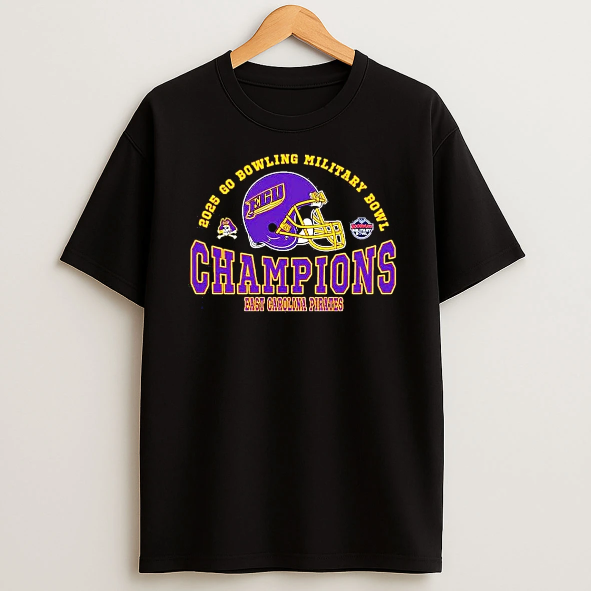East Carolina Pirates Football 2025 Go Bowling Military Bowl Champions T Shirt
