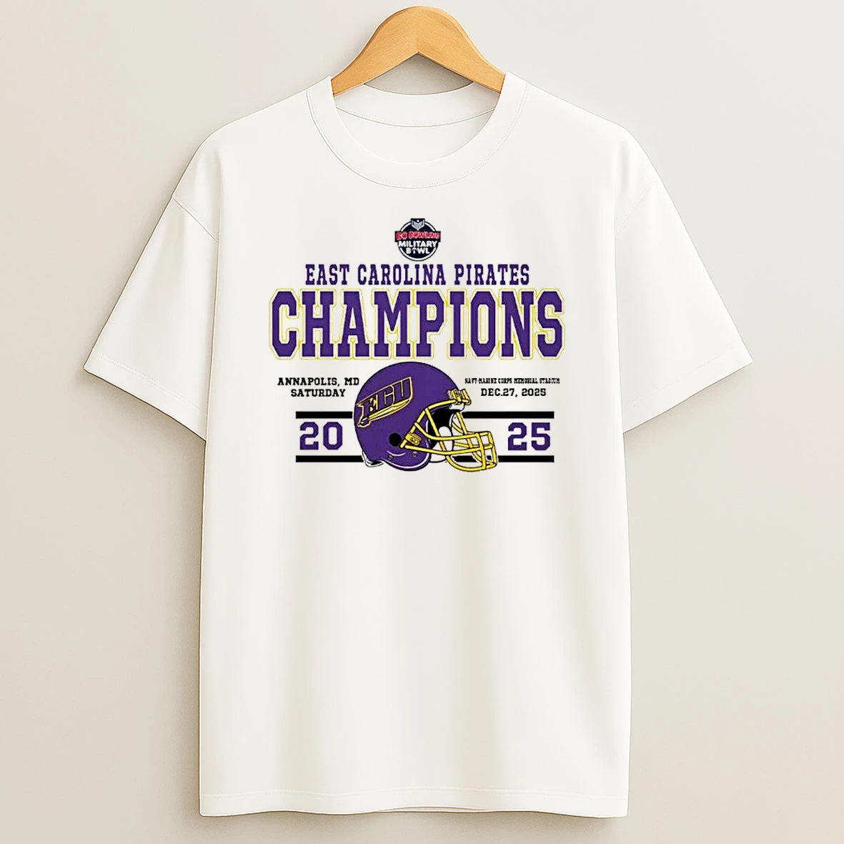 East Carolina Pirates Football 2025 Go Bowling Military Bowl Champions Helmet T Shirt