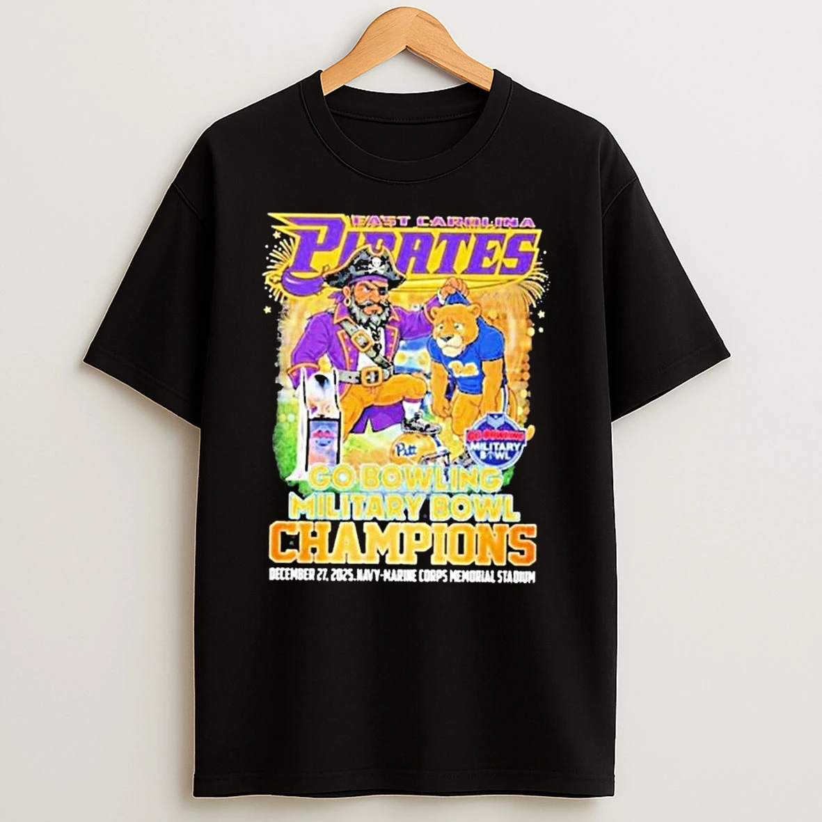 East Carolina Pirates Victory Pitt Panthers 2025 Go Bowling Military Bowl Champions Mascot T Shirt
