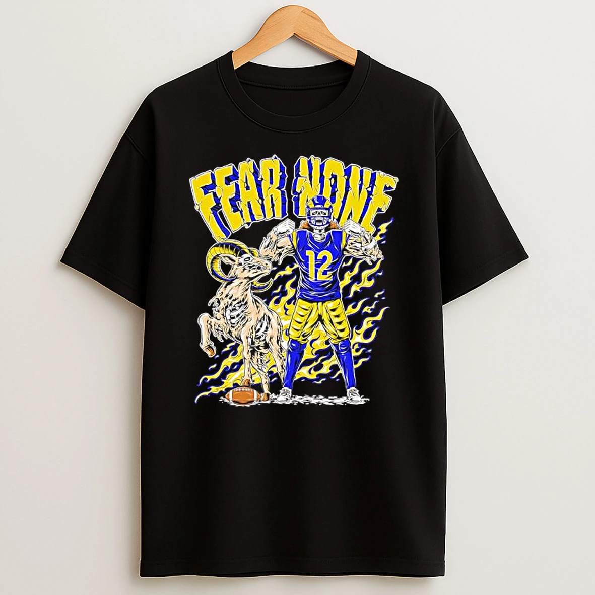 Fear None Los Angeles Rams Keletal Football Player And Ram Mascot T Shirt