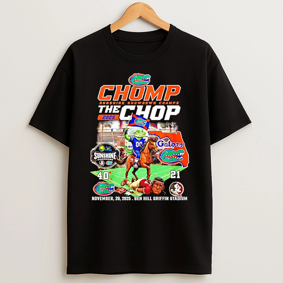 Florida Gator 2025 Chomp Sunshine Showdown Champs The Chop 40 21 Score Mascot T Shirt