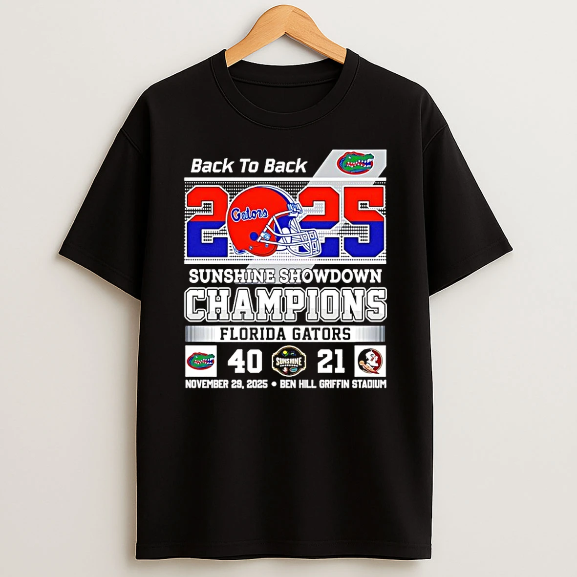 Florida Gators Back To Back 2025 Sunshine Showdown Champions 40 21 Score T Shirt