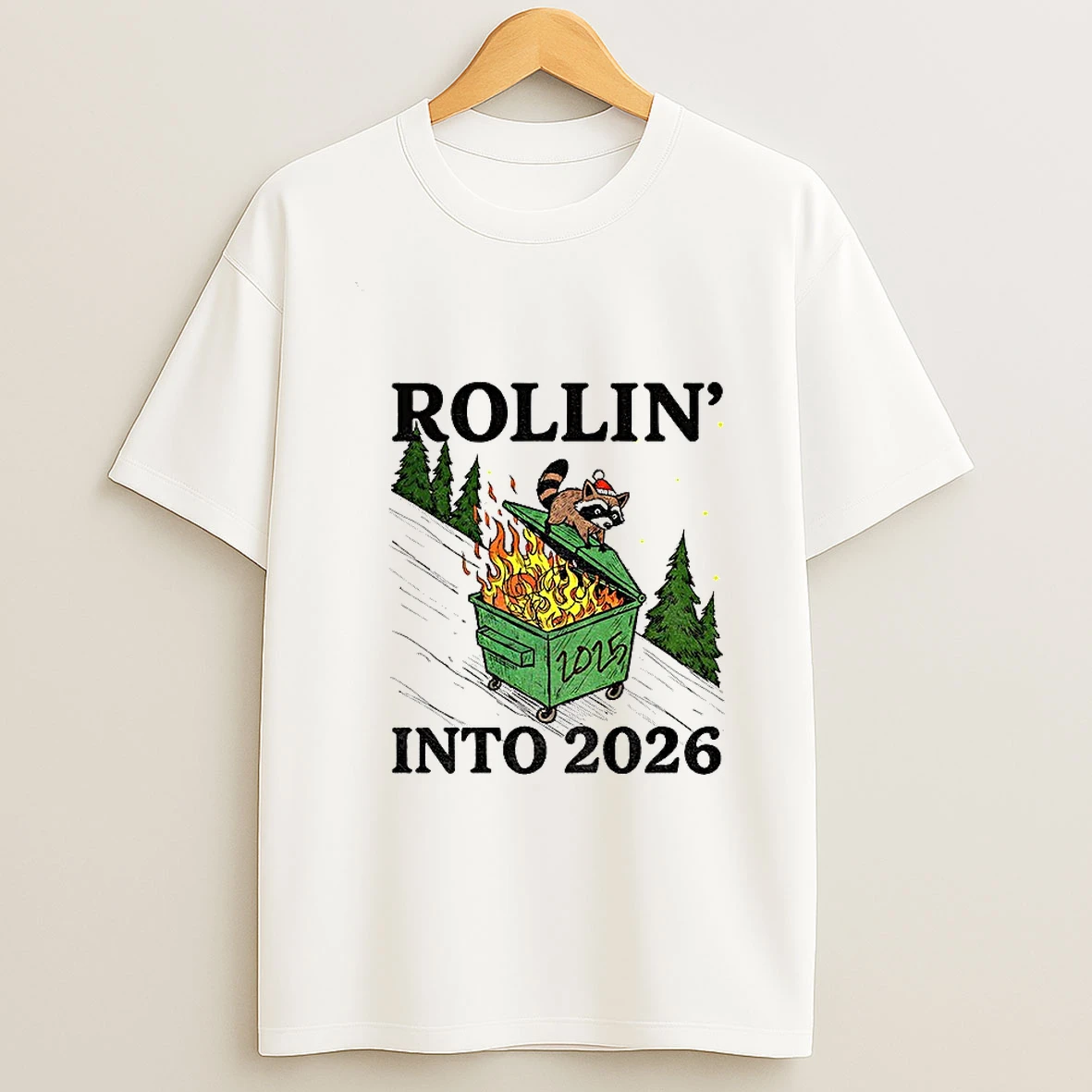 Funny Raccoon Feral Rollin Into 2026 Christmas Happy New Year T Shirt