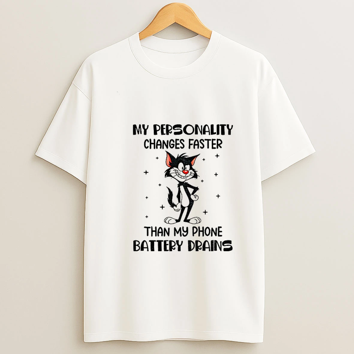Funny Cat My Personality Changes Faster Than My Phone Battery Drains T Shirt