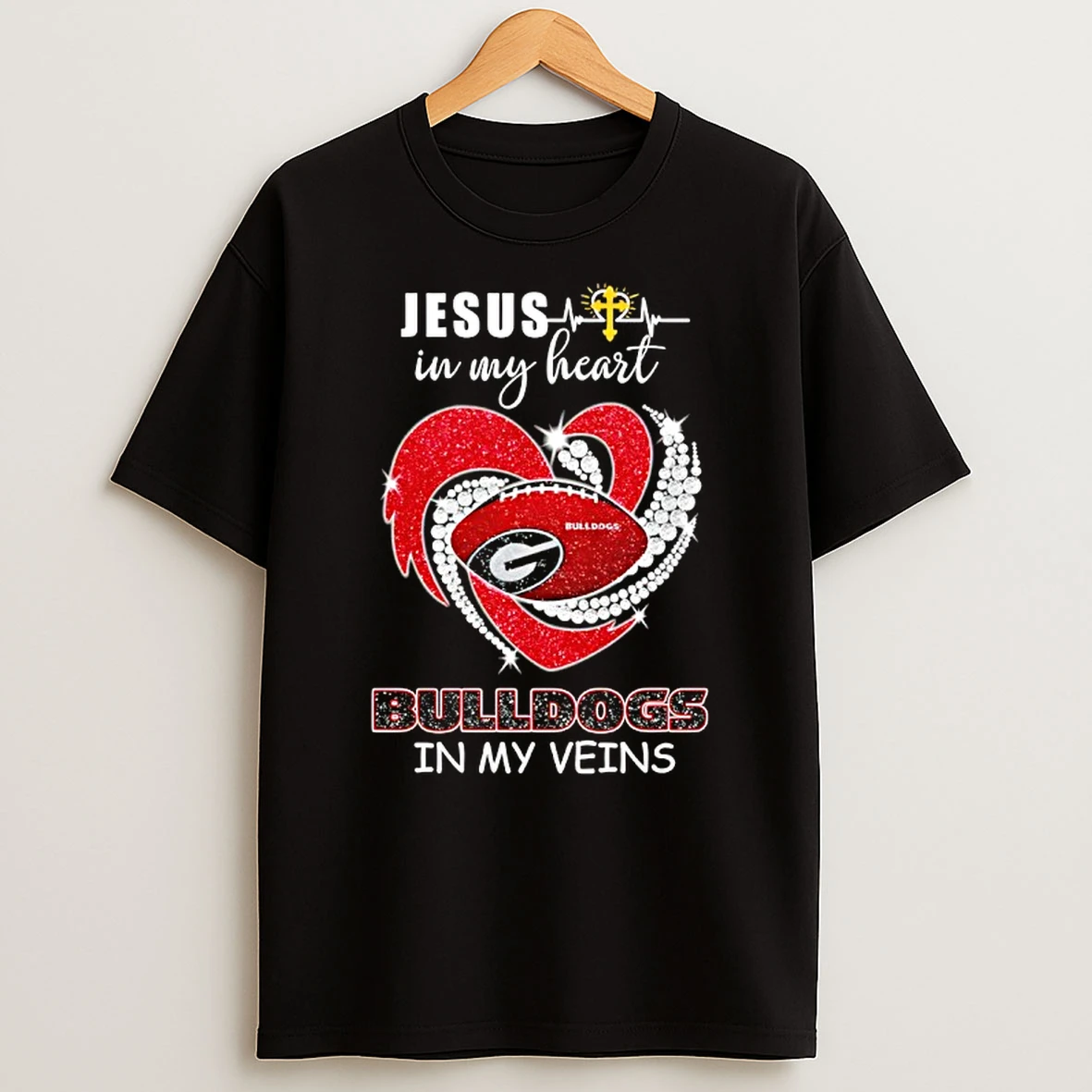 Georgia Bulldogs Football Jesus In My Heart Bulldogs In My Veins Diamond Heart T Shirt