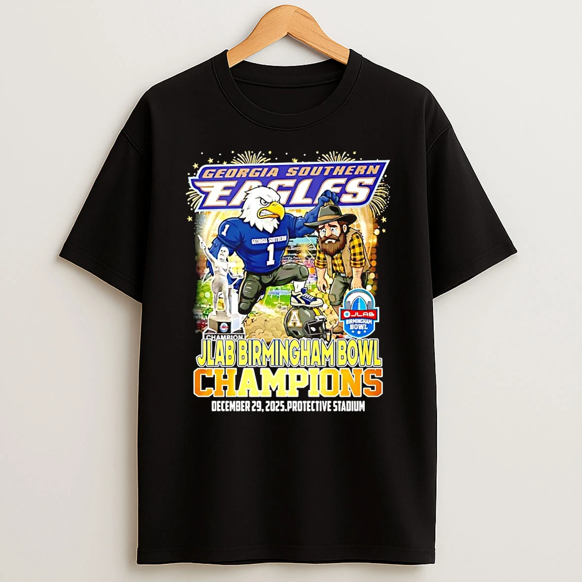 Georgia Southern Eagles Jlab Birmingham Bowl Champions 2025 Mascot T Shirt