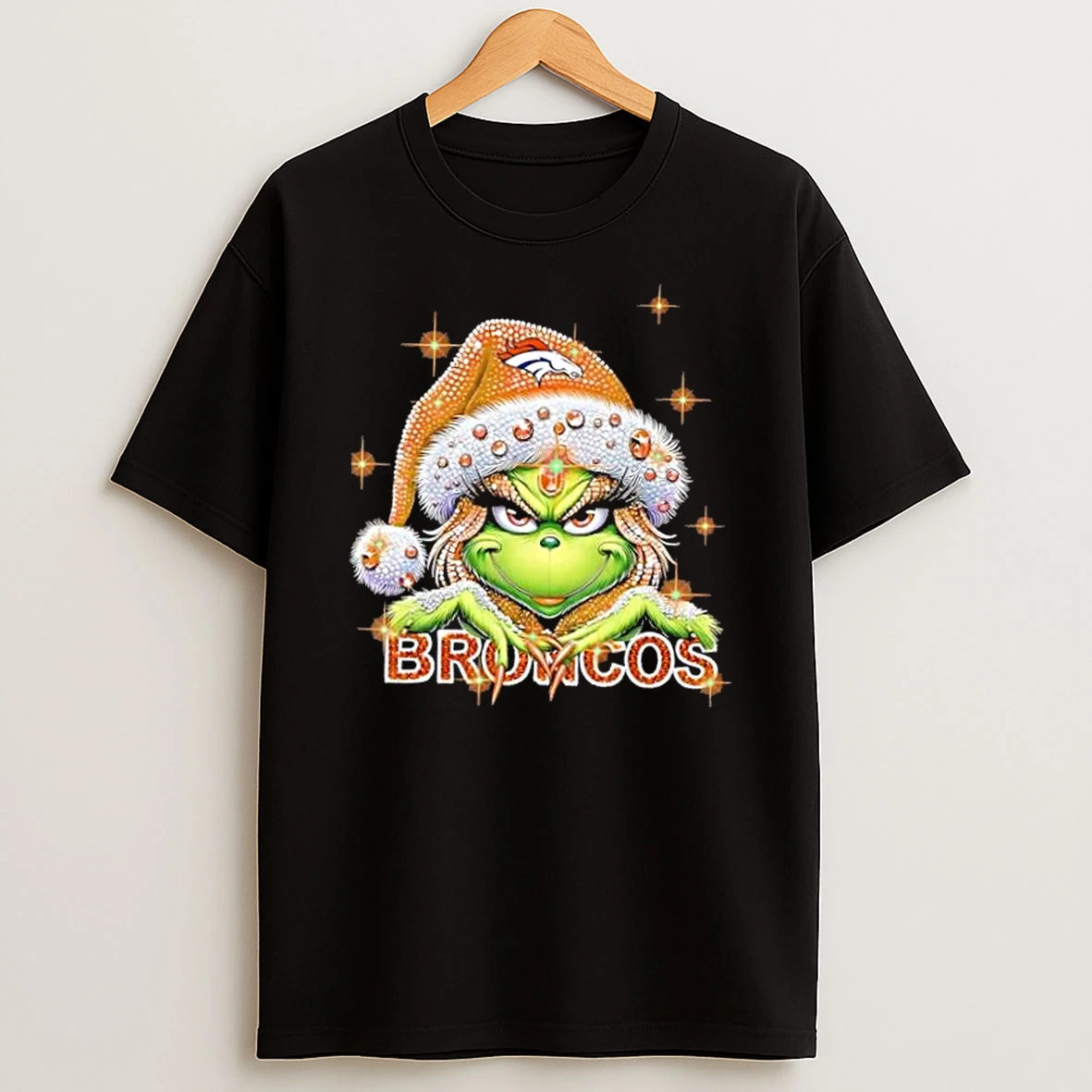 Glitter Diamond Grinch Girl X Denver Broncos Football Graphic T Shirt