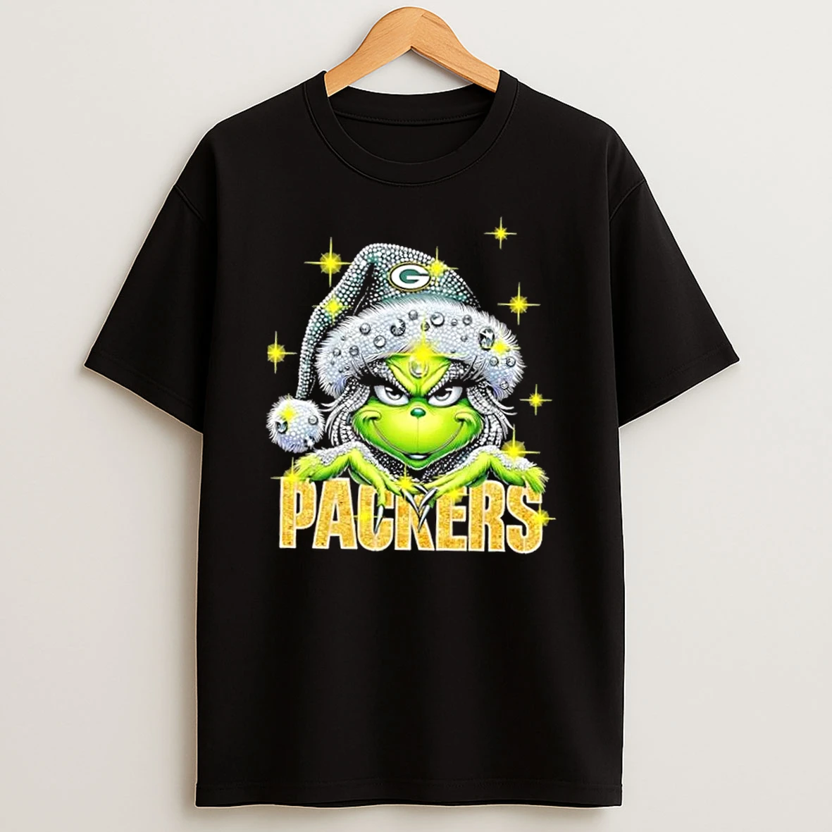 Glitter Diamond Grinch Girl X Green Bay Packers Football Graphic T Shirt