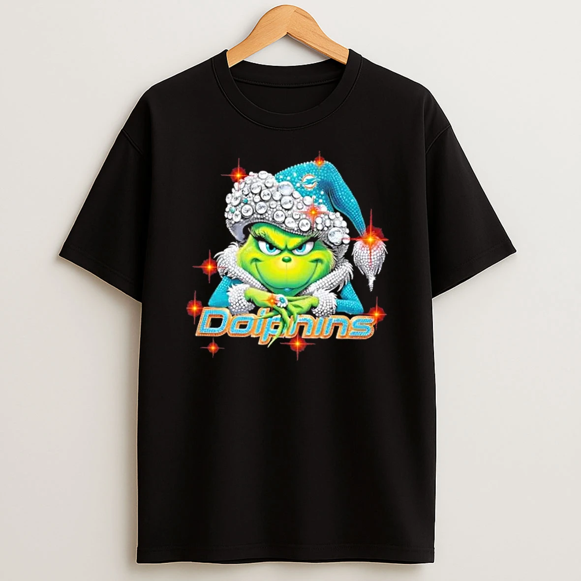 Glitter Diamond Grinch Girl X Miami Dolphins Football Graphic T Shirt