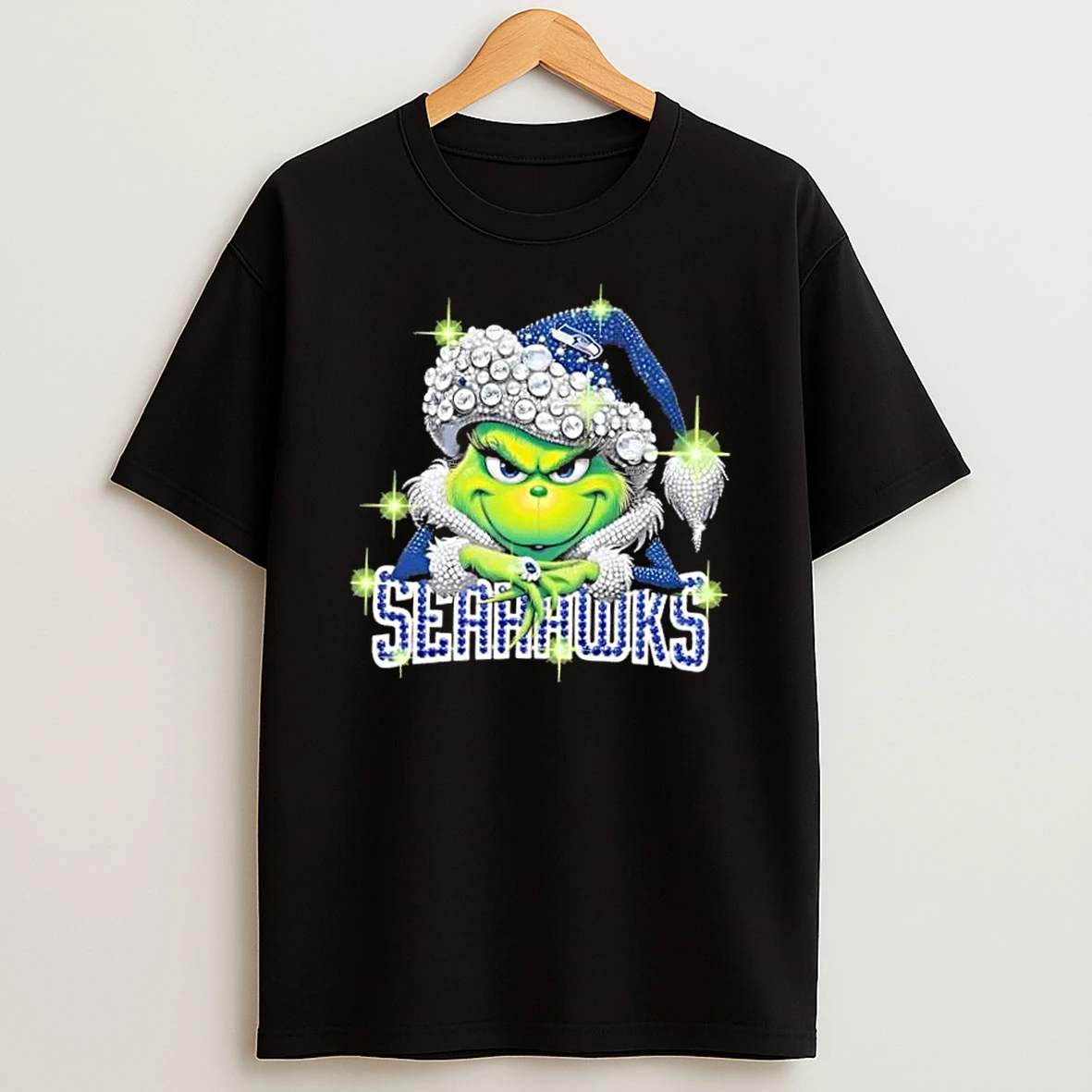 Glitter Diamond Grinch Girl X Seattle Seahawks Football Graphic T Shirt